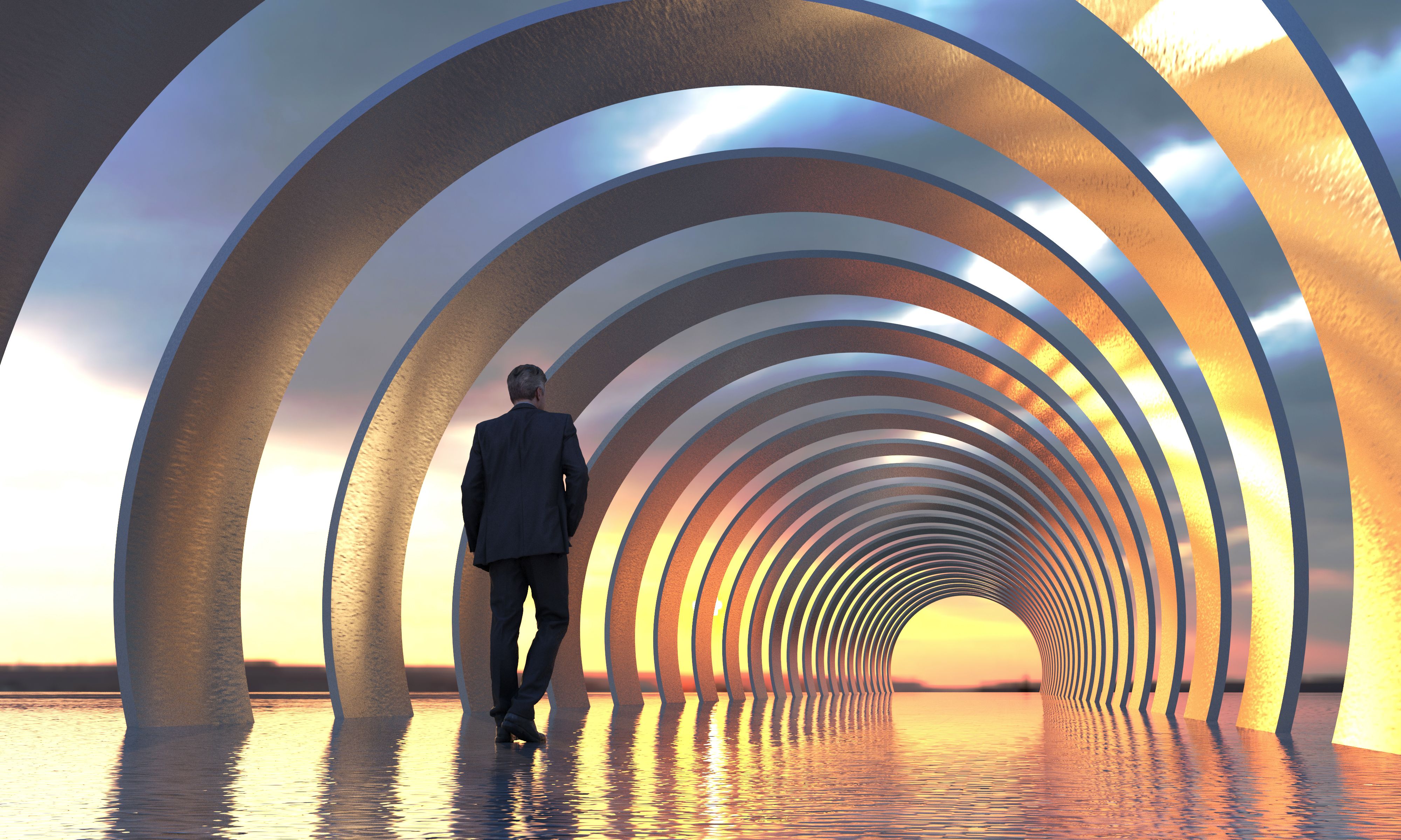Businessman walking into fantasy tunnel
