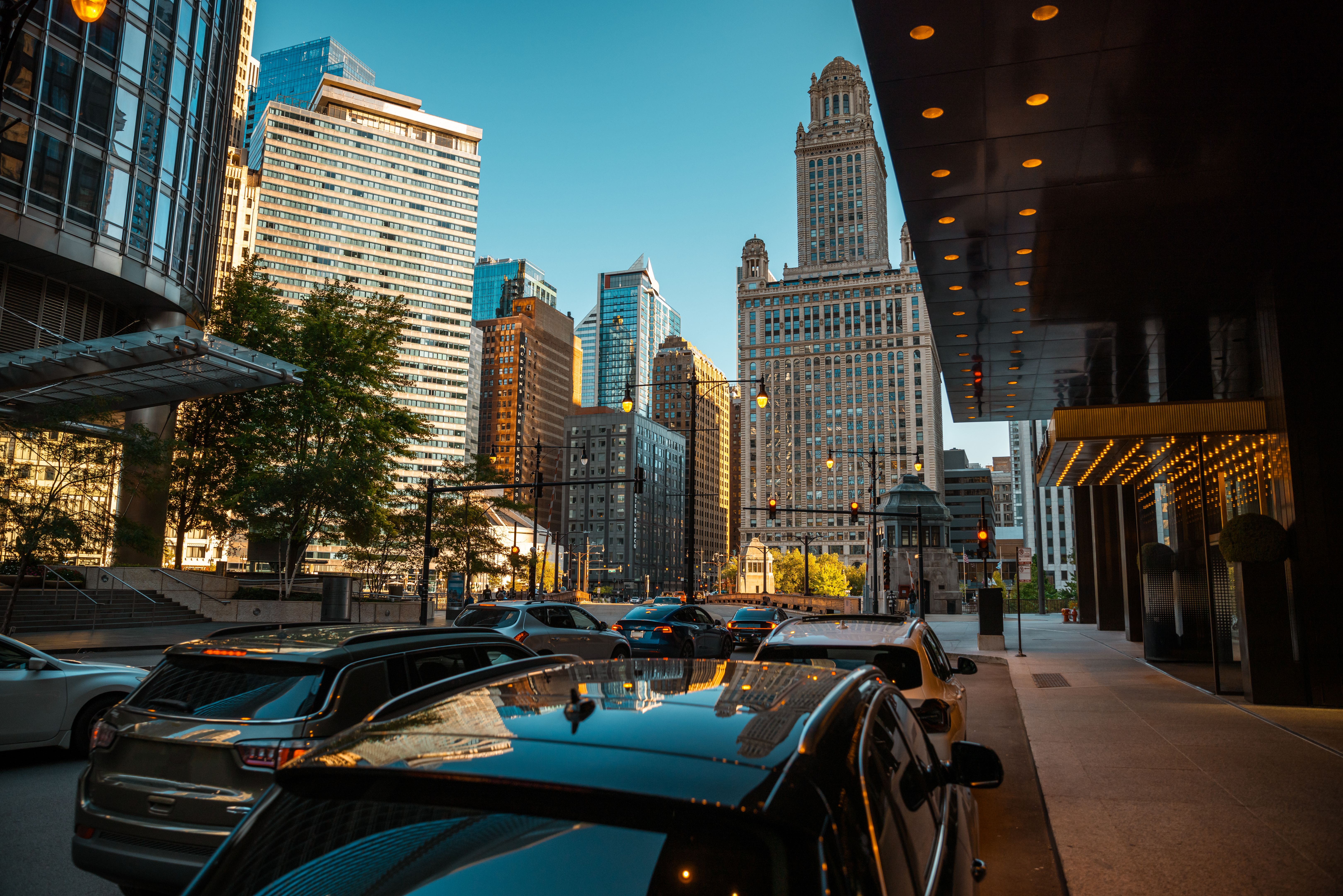 Details of the city of Chicago. Cars, residents, and tourists, life in a big city, panoramic city views, everyday life. Historical landmarks, tourist destinations - Stock Photo