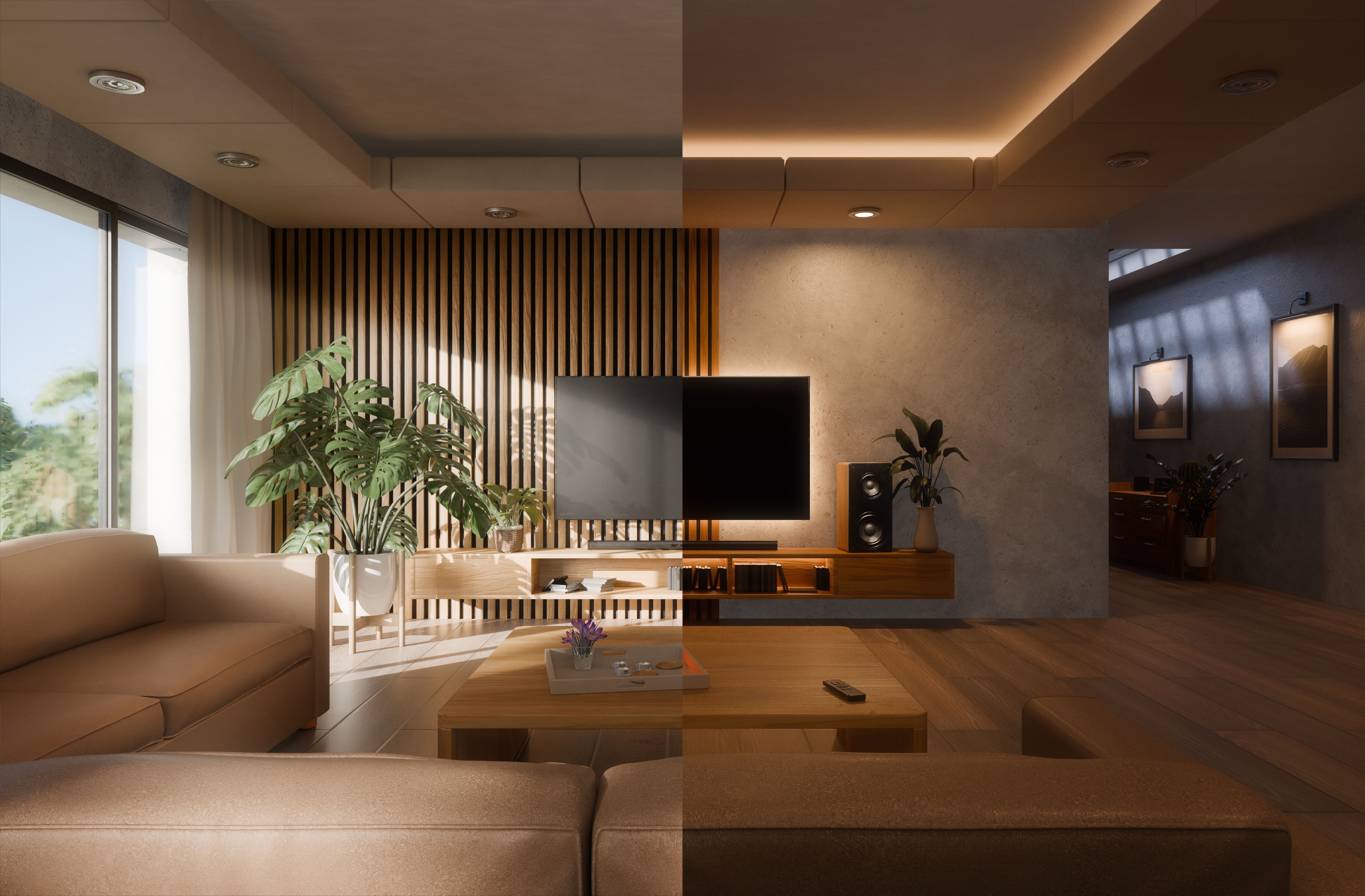 Split screen of living room showing day and night with sofa and television