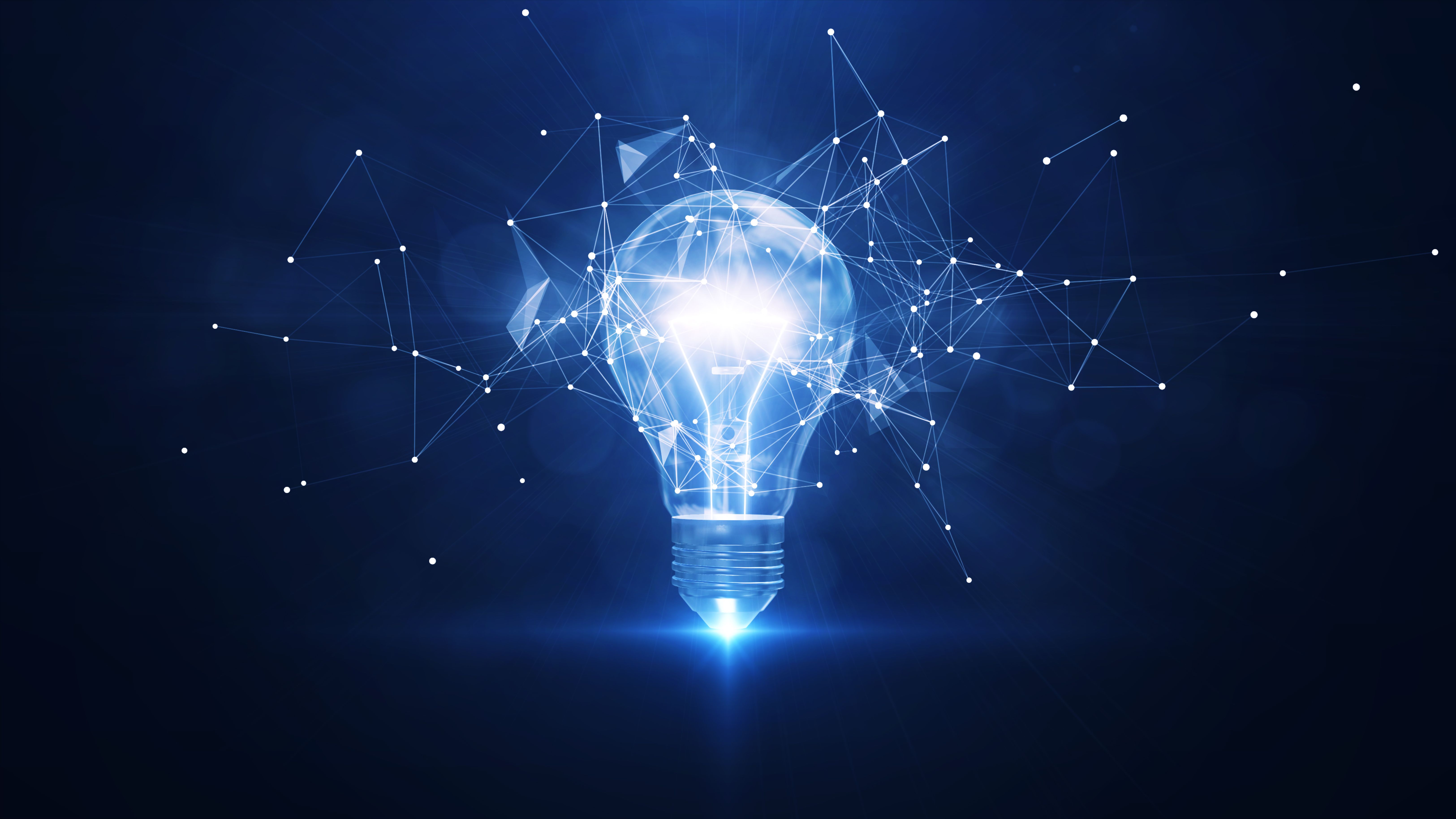 Electric light bulb bright polygonal connections on a dark blue background. Technology concept innovation artificial intelligence brainstorming business success. Electric light bulb bright polygonal connections on a dark blue background. Technology concept innovation artificial intelligence brainstorming business success.