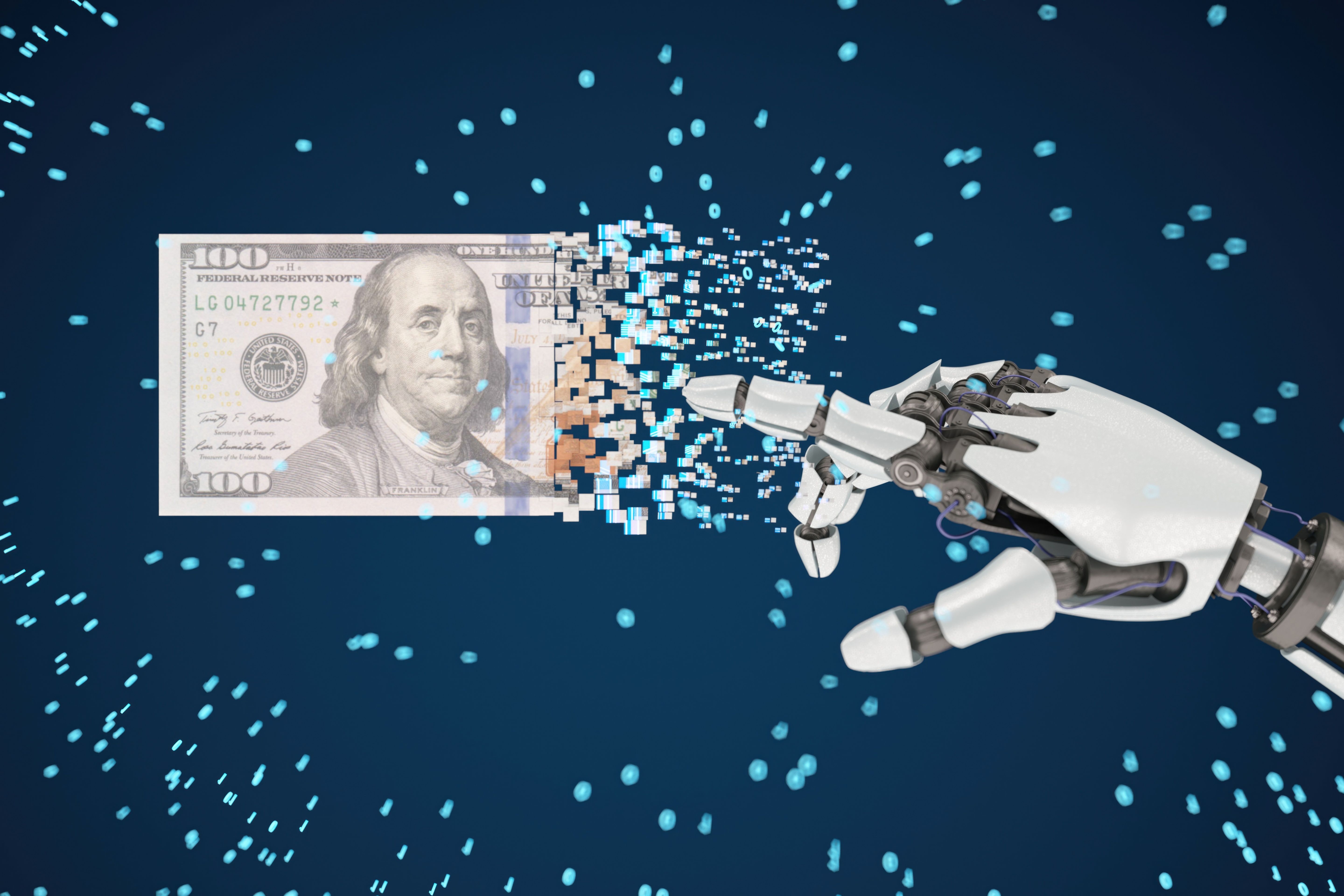 AI Artificial Intelligence Robot Holding US Dollar. Digital Money Transaction Concept AI Artificial Intelligence Robot Holding US Dollar. Digital Money Transaction Concept