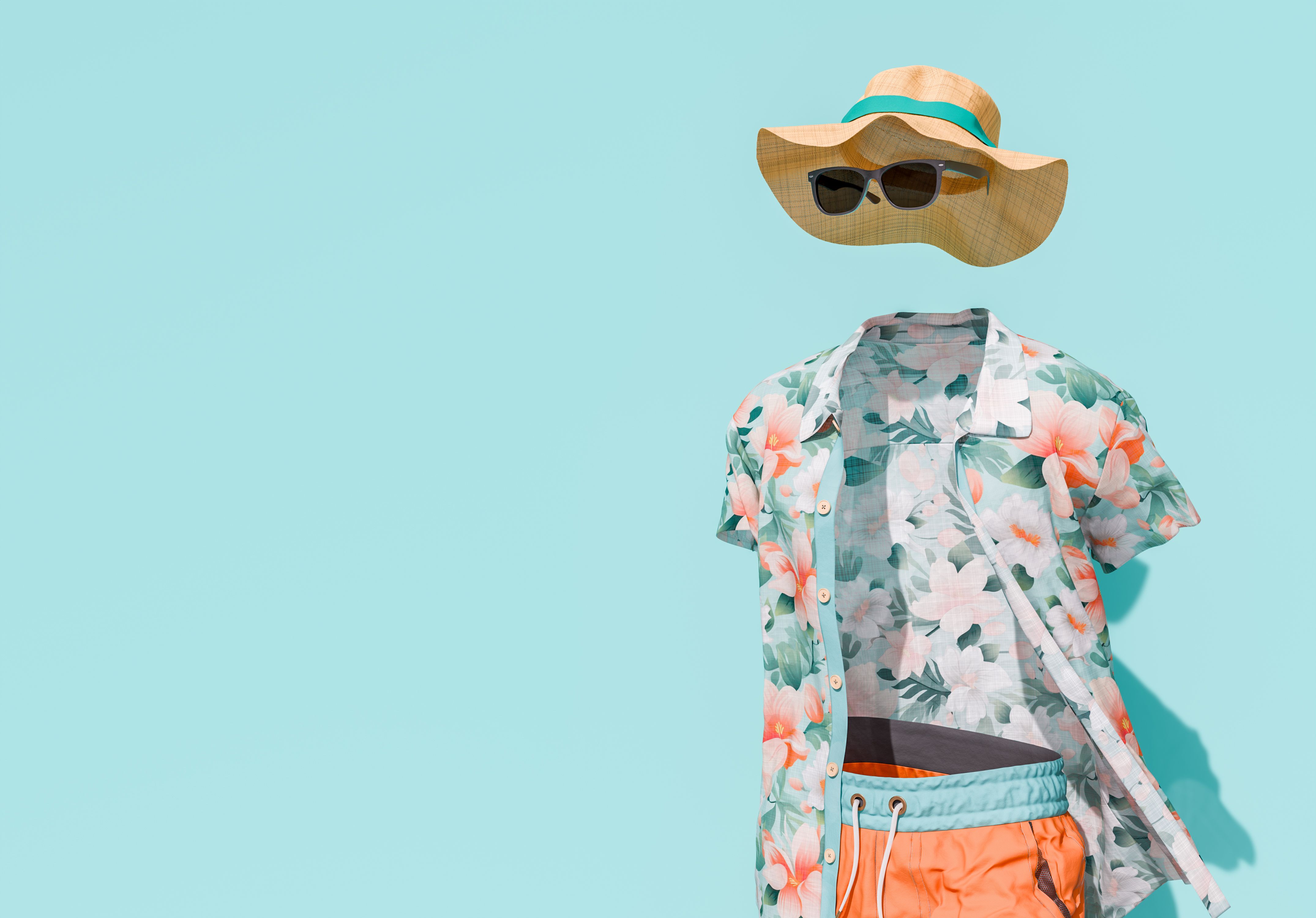 Invisible Man Concept in Summer Beachwear with Floral Shirt and Straw Hat on Blue Background