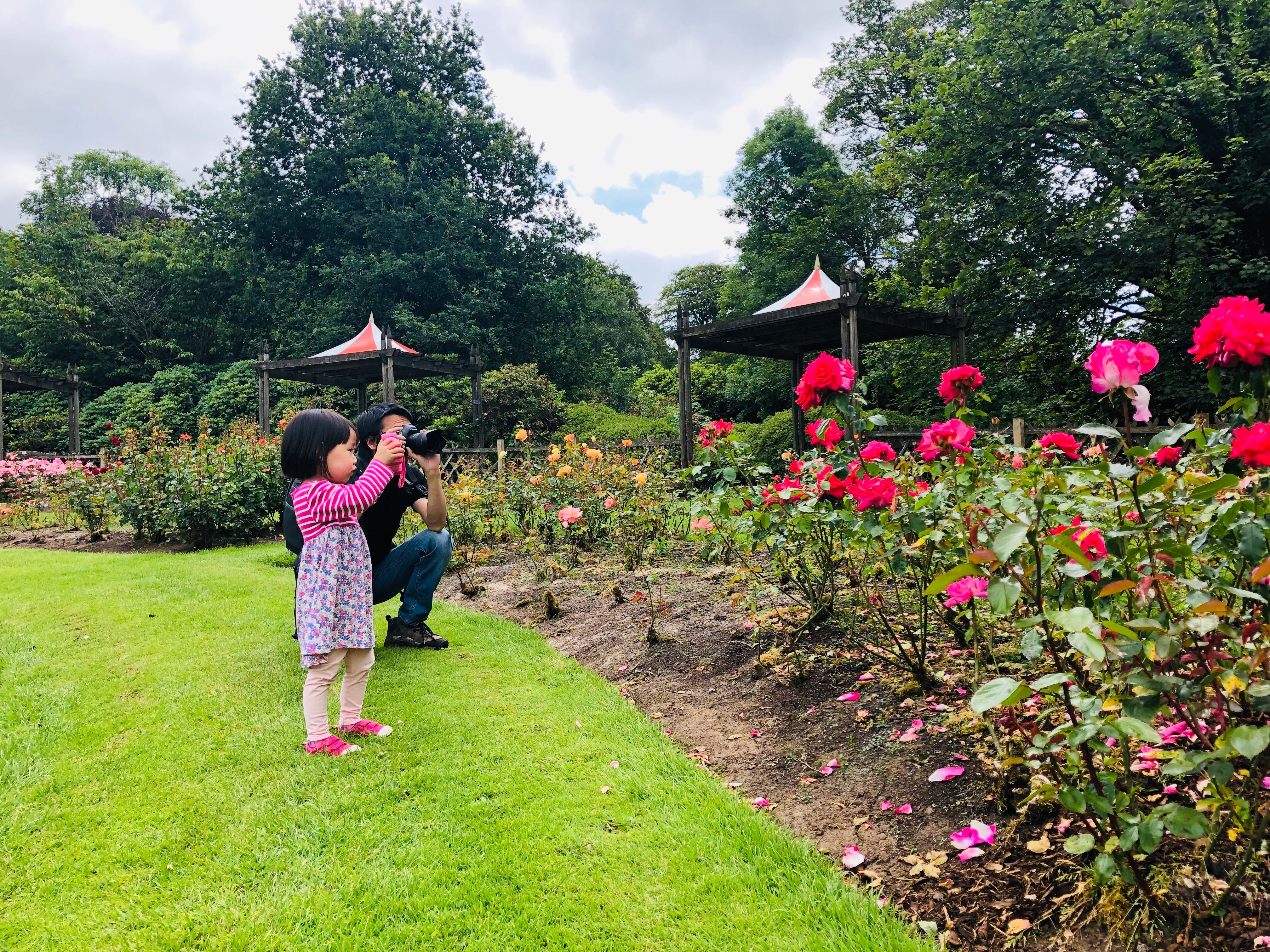Father And Daughter Photographing Flowers At Park