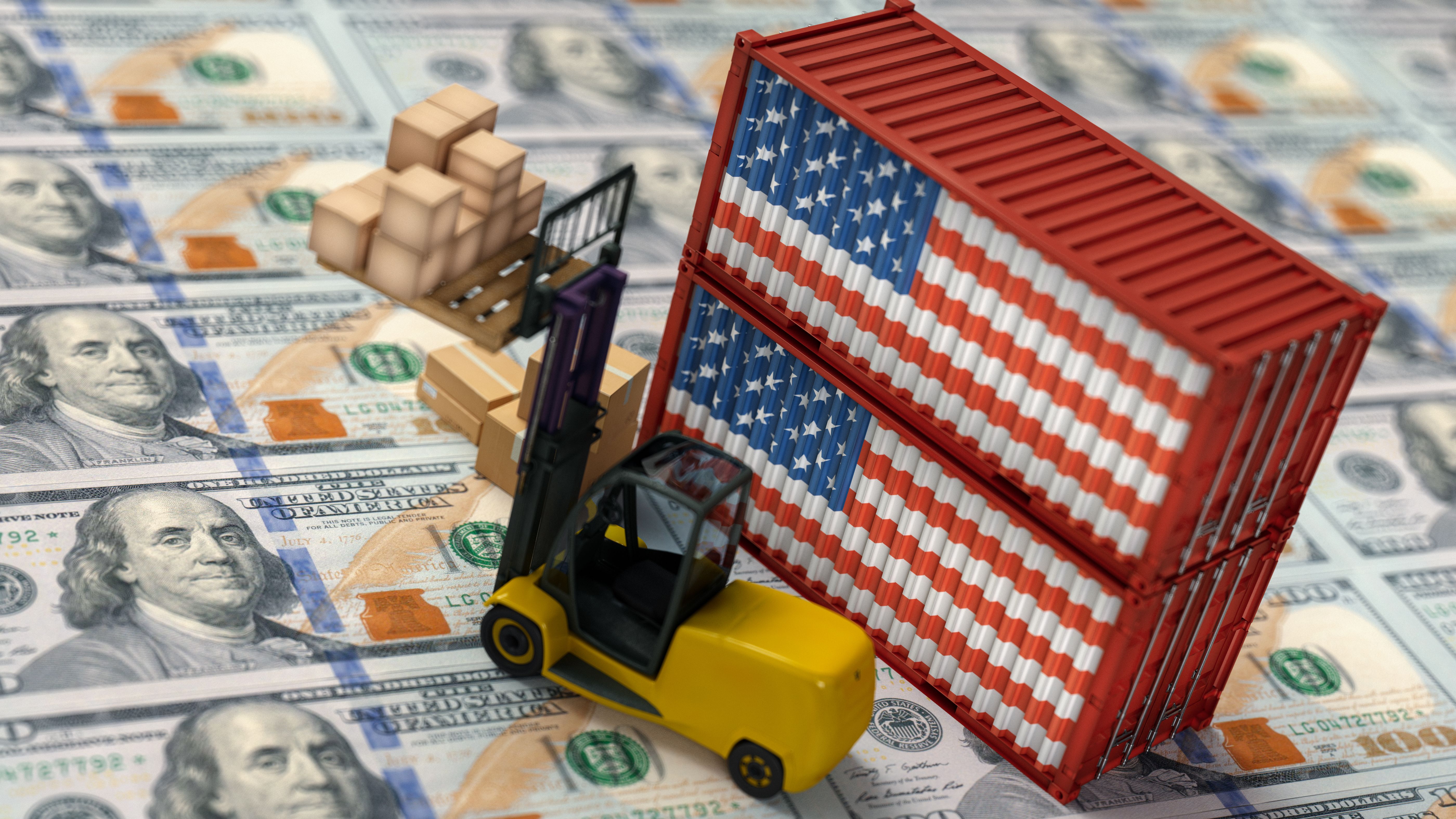 USA Import Export Trading Concept with a American Flag Covered Shipping Container and Forlift Lifting Cargo Boxes on US Dollar Banknotes