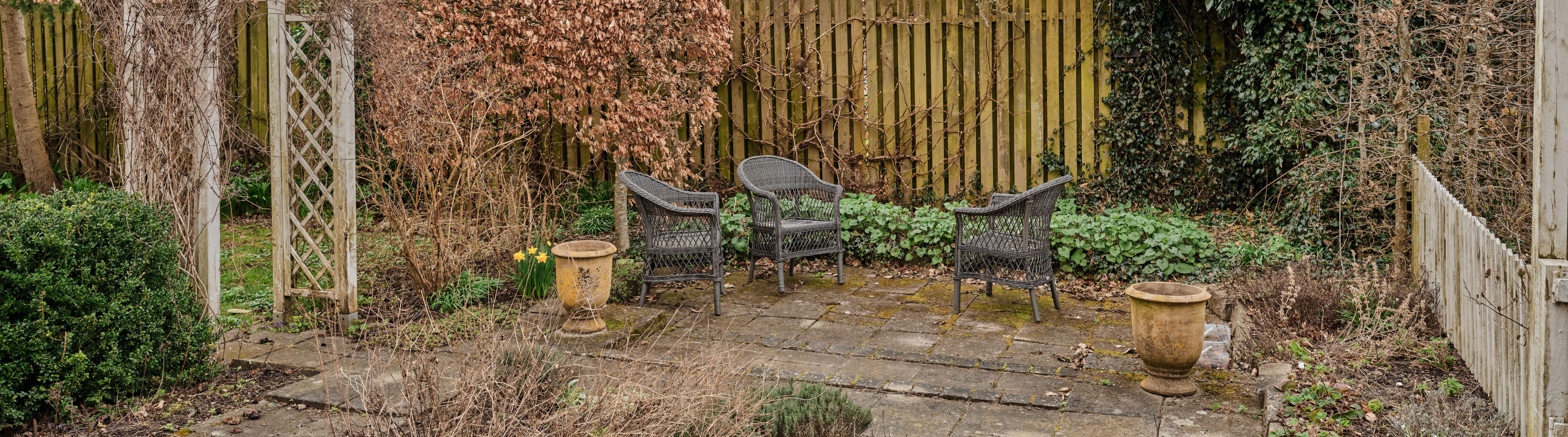 Rustic Garden Patio With Wicker Chairs Surrounded by Foliage in Early Spring Rustic Garden Patio With Wicker Chairs Surrounded by Foliage in Early Spring