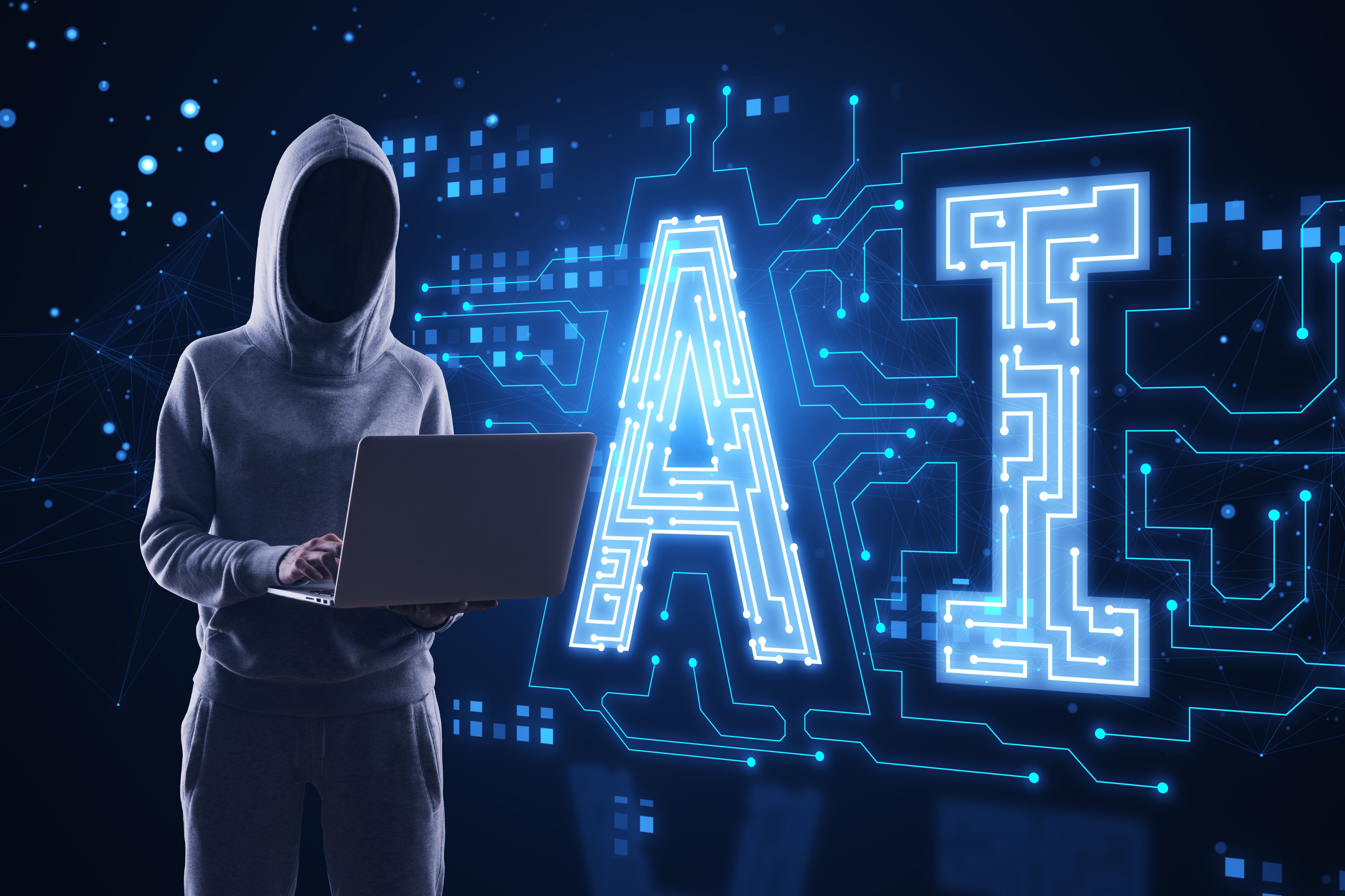 Hacker in hoodie using laptop with glowing digital polygonal AI hologram on dark background. Artificial intelligence, metaverse and technology concept.