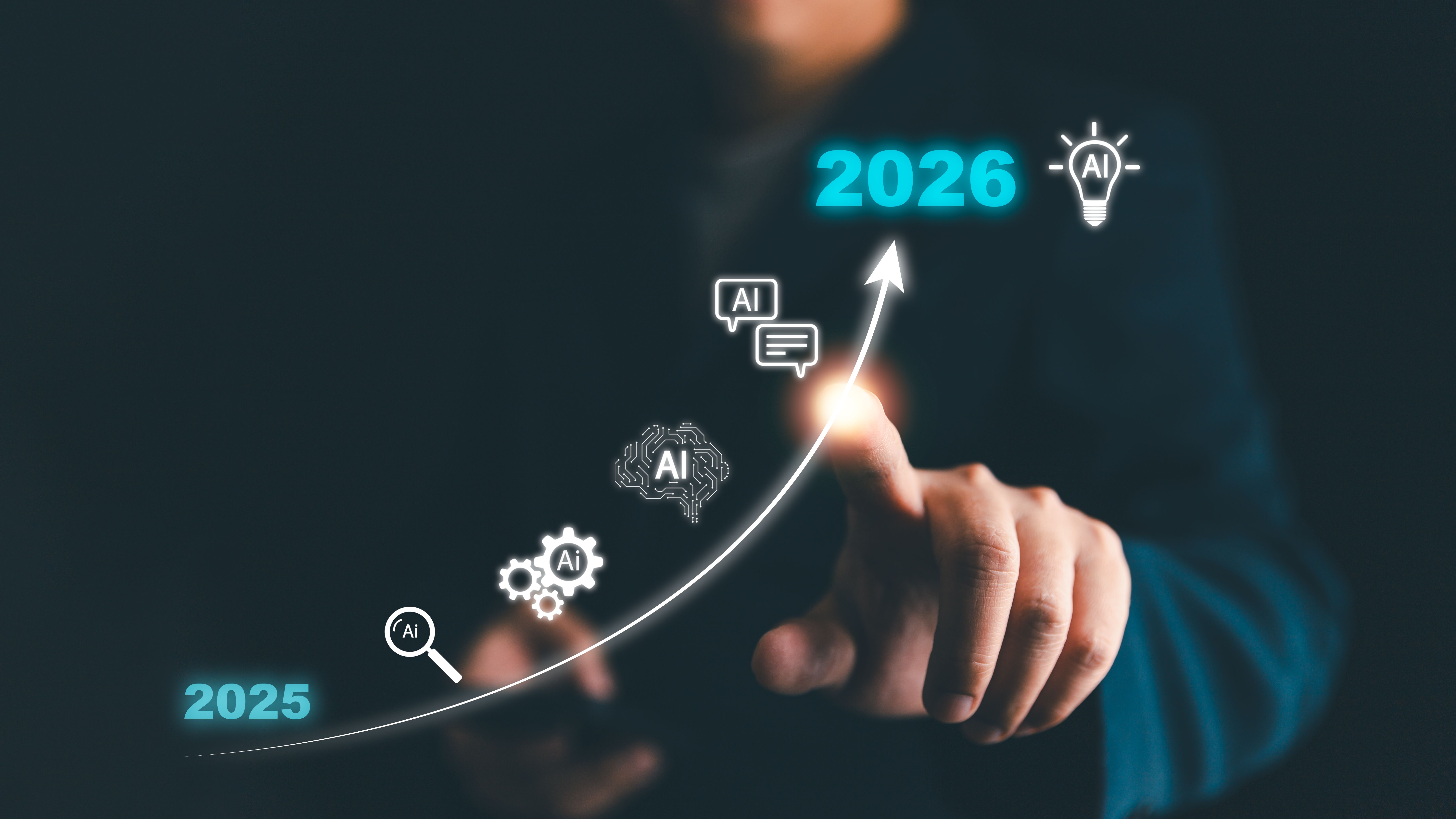Businessman pointing at AI growth trend from 2025 to 2026, symbolizing artificial intelligence innovation, technology progress, digital transformation, future business strategy, and data-driven solutions