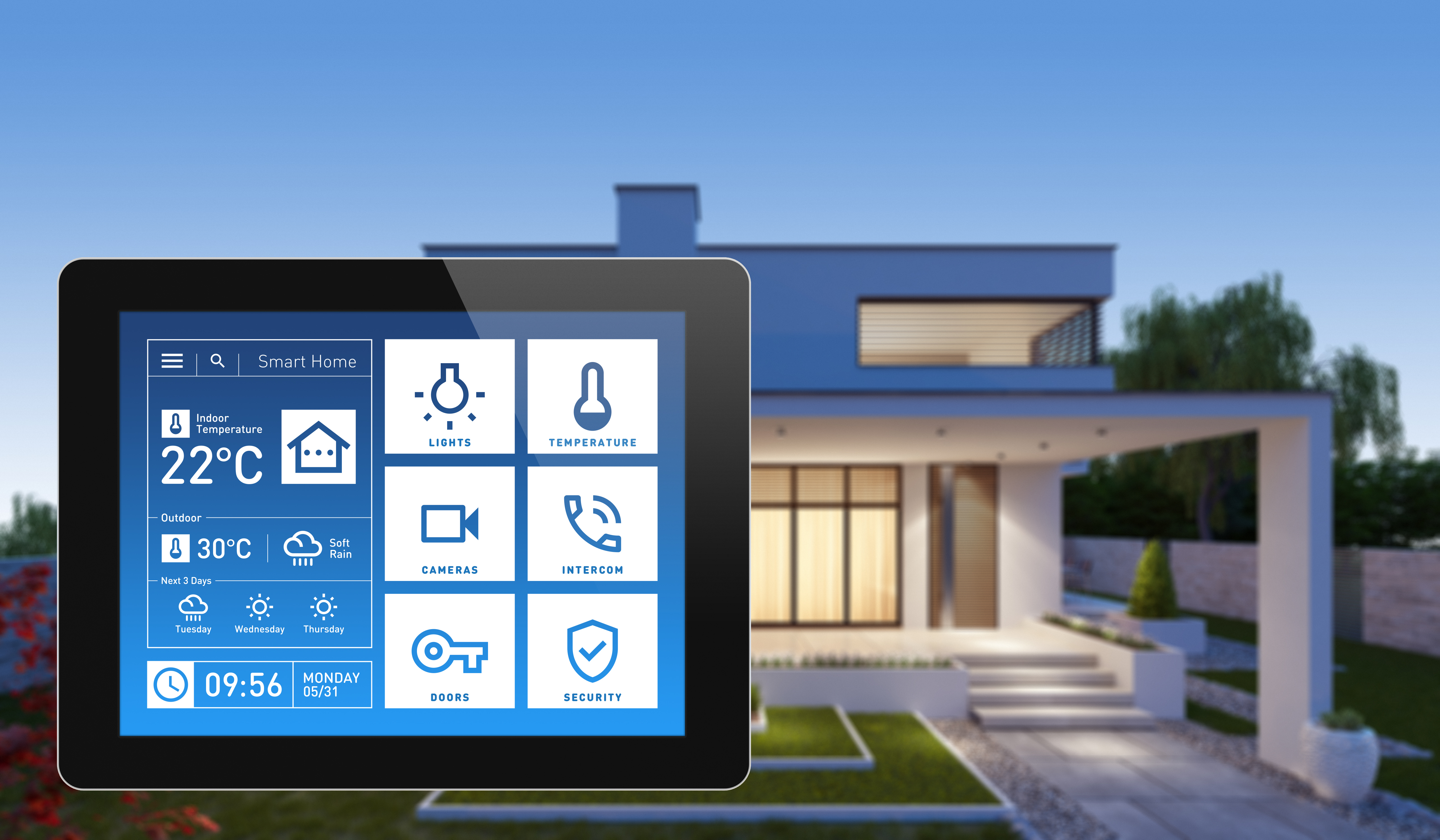 Smart Home Touch Screen device for home control with simple concept app design. Celsius system. Modern house out of focus for copy space and your design. Smart Home Touch Screen device for home control with simple concept app design. Celsius system. Modern house out of focus for copy space and your design.