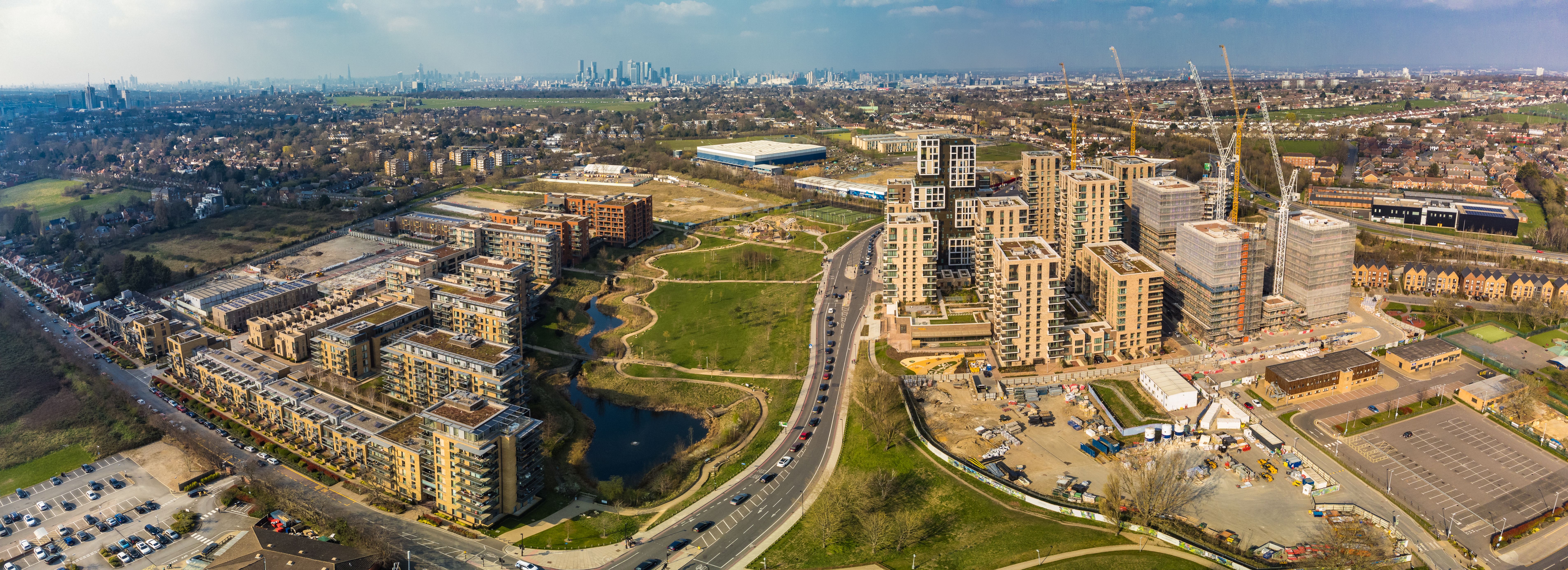 Aerial drone panoramic image of Kidbrooke Village, London