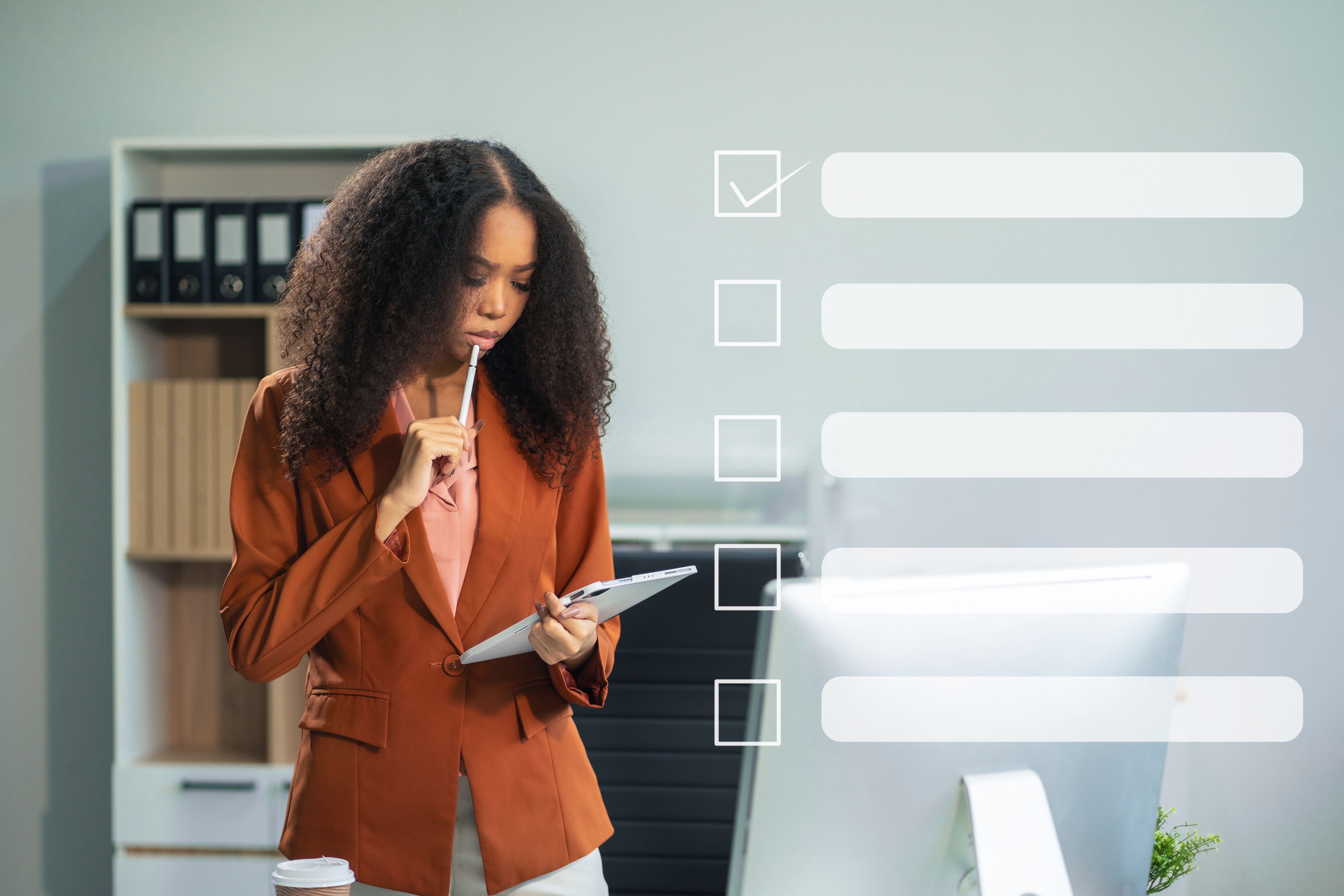 Business performance checklist concept, business woman using tablet and laptop doing online checklist survey, filling out digital form checklist.