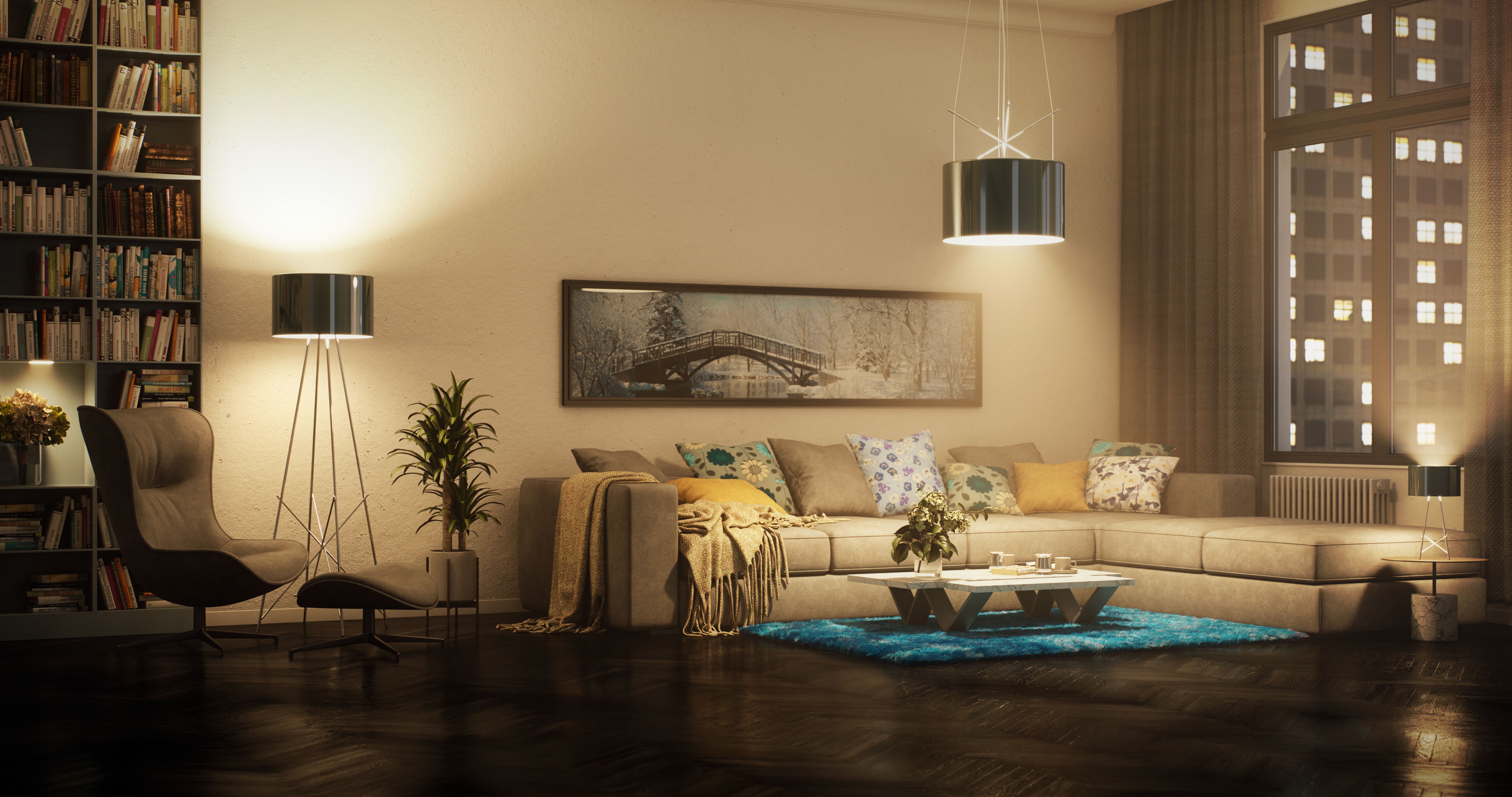 Cozy Modern Living Room with Blue Accents at Dusk