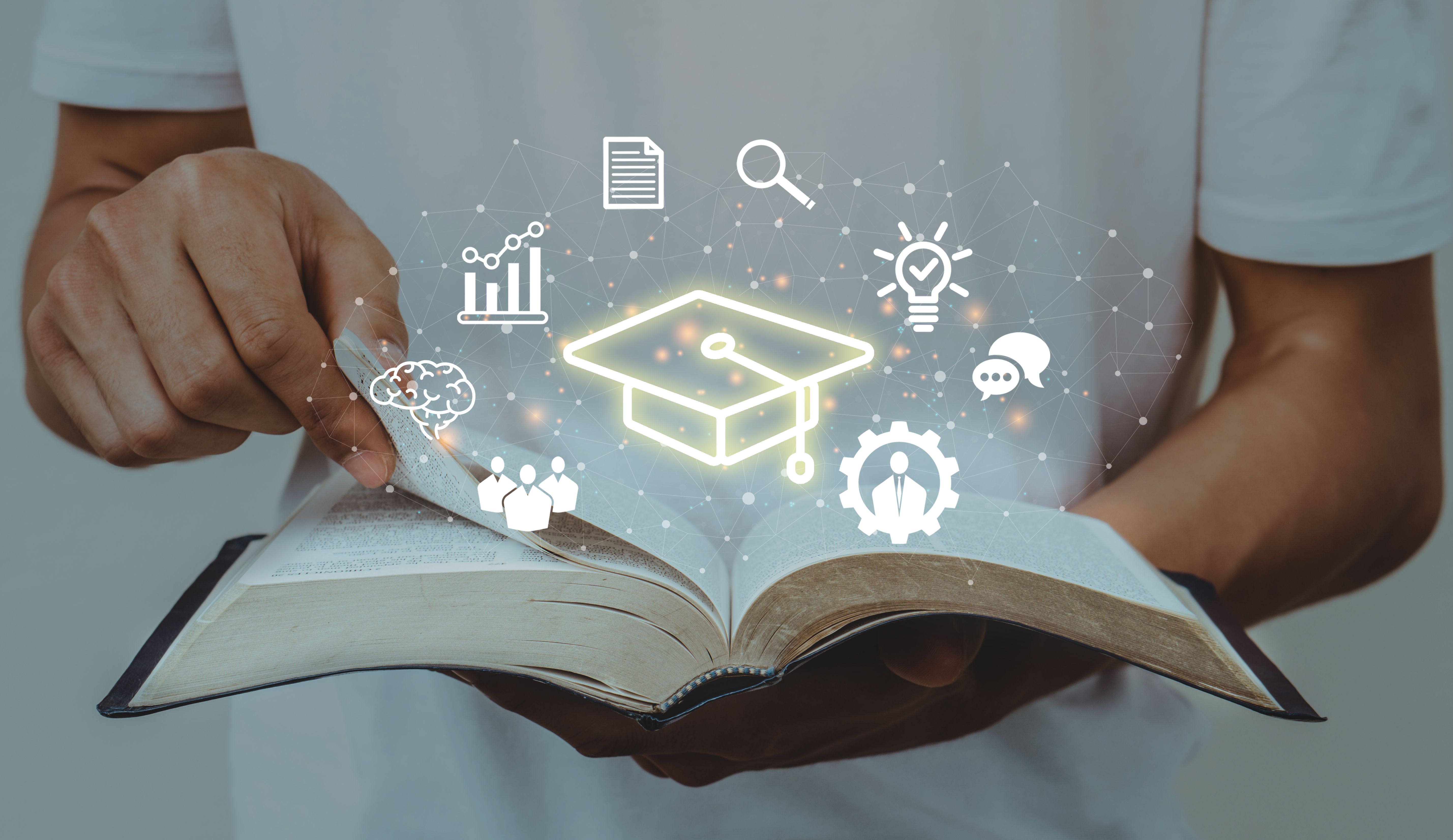 Education concept.Male student opening book with icon.Education internet Technology.knowledge,wisdom,graduate.