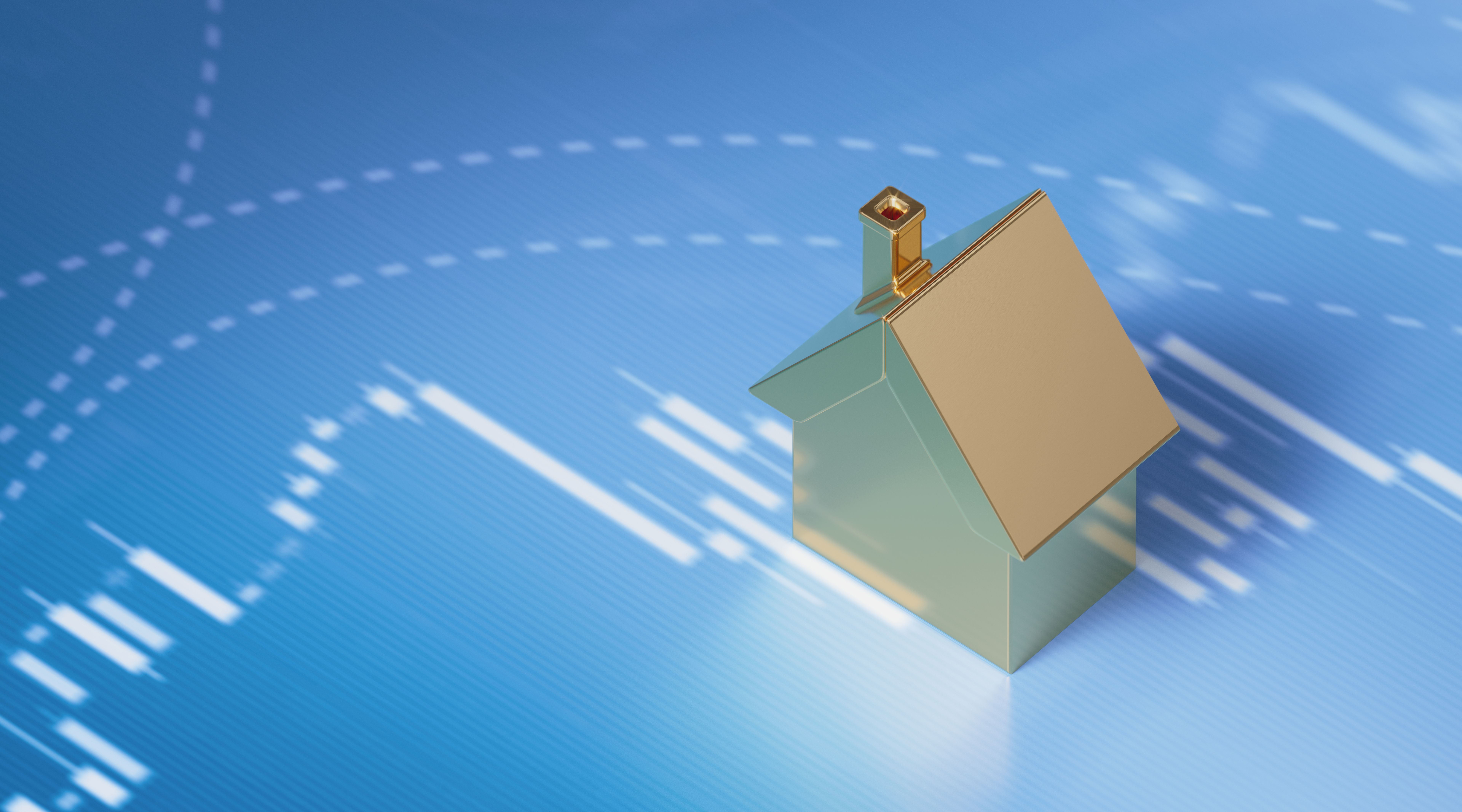 Cold Colored House Sitting over Blue Financial Bar Graph - Stock Market and Finance Concept