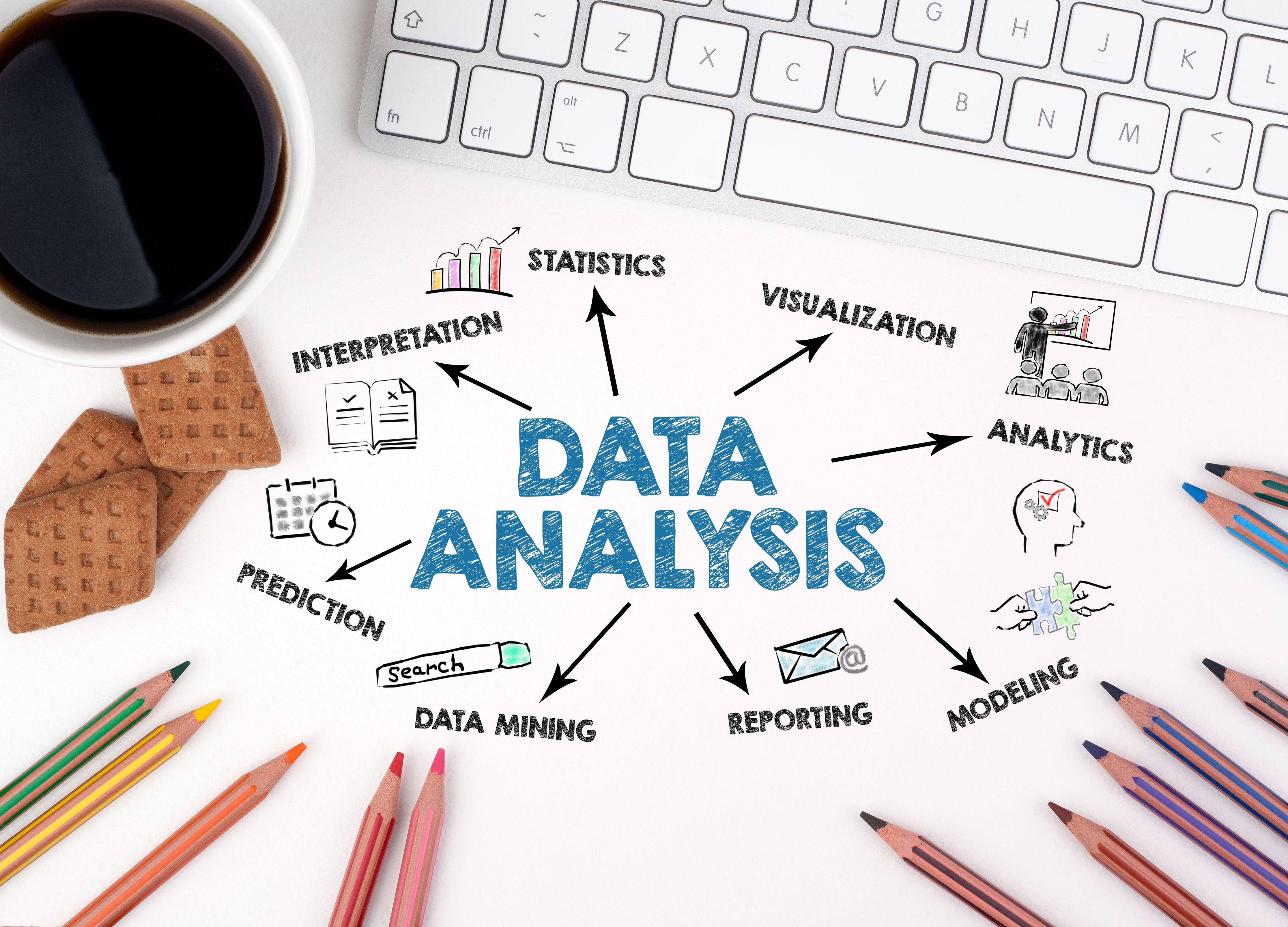 Data Analysis Concept. Chart with keywords and icons. White office desk