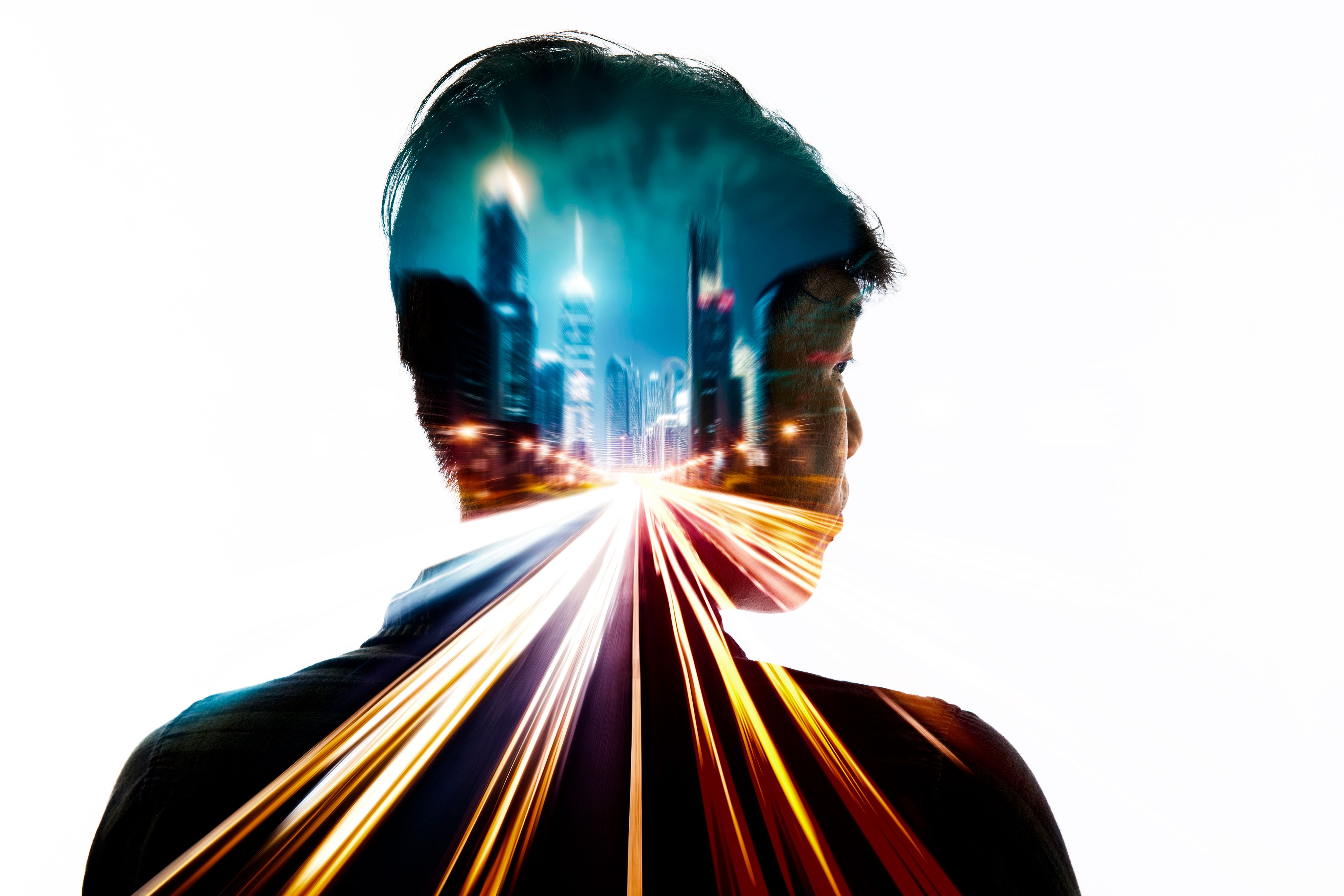 Double Exposure of man and city at night, internet 5G concept