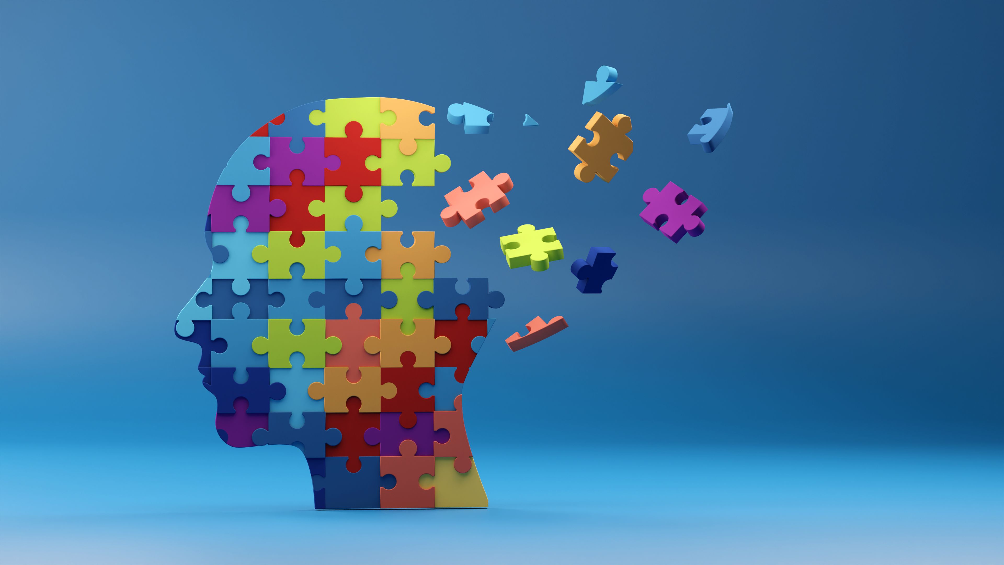 Human head profile and jigsaw puzzle. 3d render