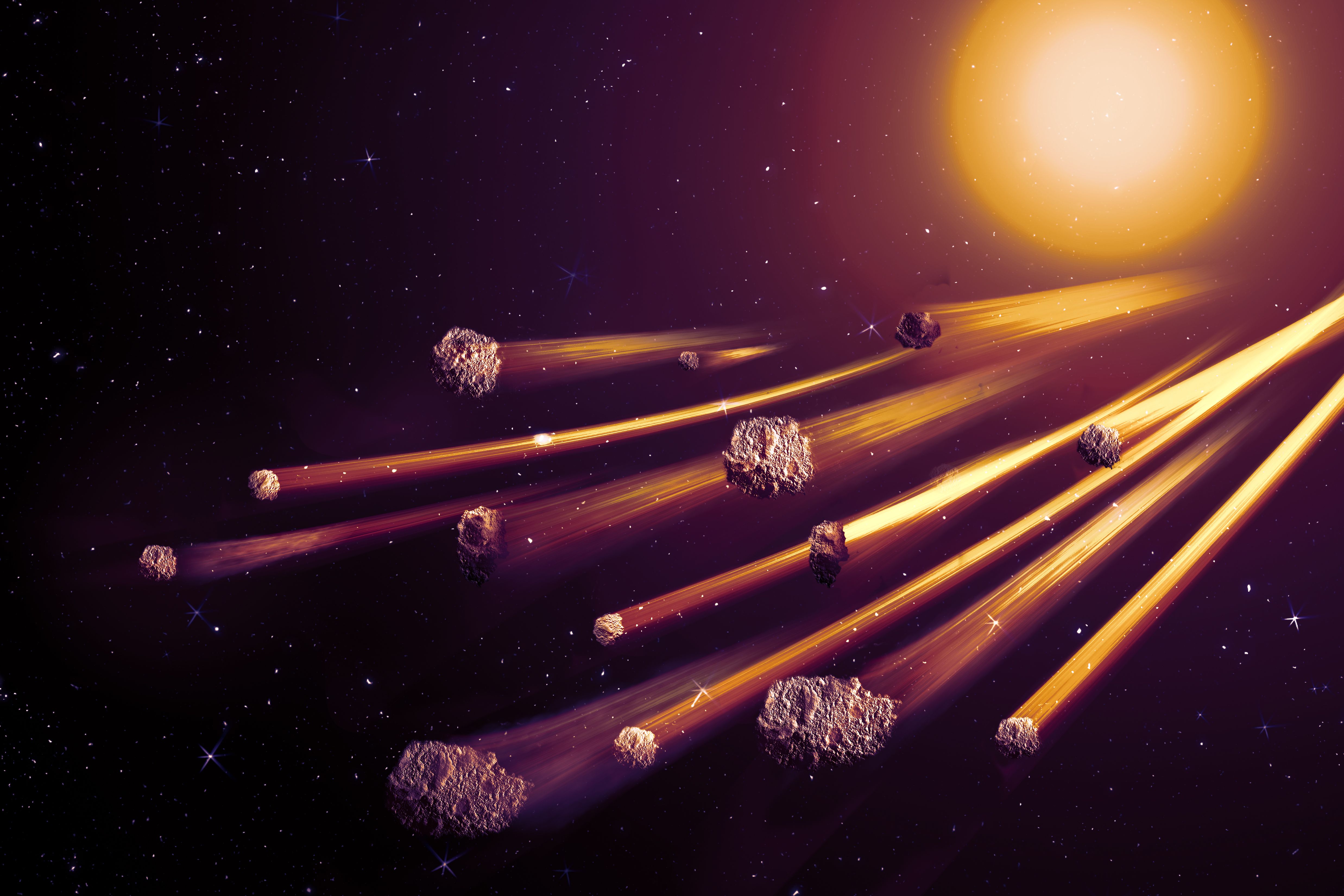 The Falling Meteor Rain. Comet in space, meteor and energy, asteroid glow. Dramatic apocalyptic background - judgment day, end of world, asteroid impact. 3D illustration.