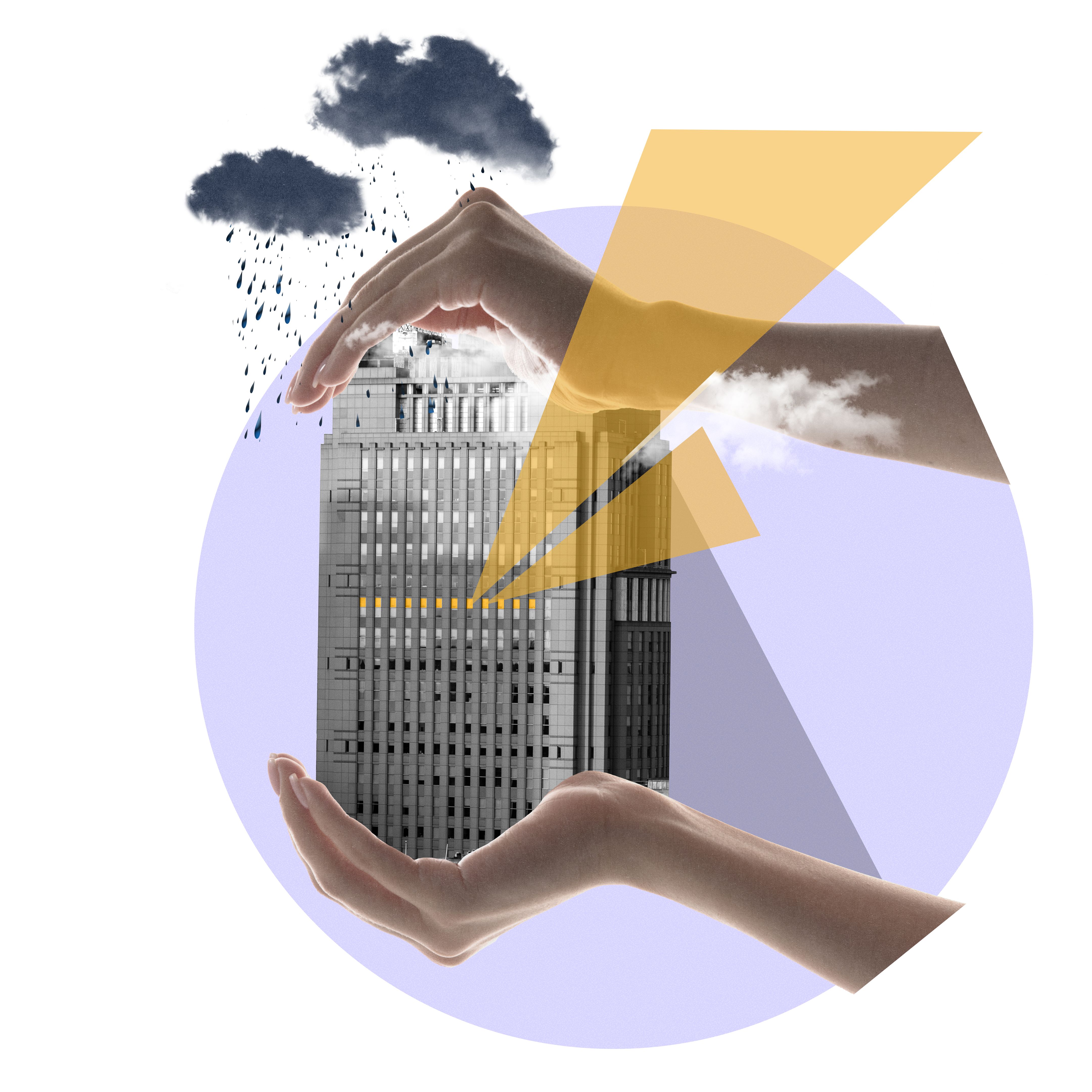 Conceptual art design. Protective hands surrounding skyscraper under rain and sun rays symbolizing risk management and shelter against unpredictable conditions