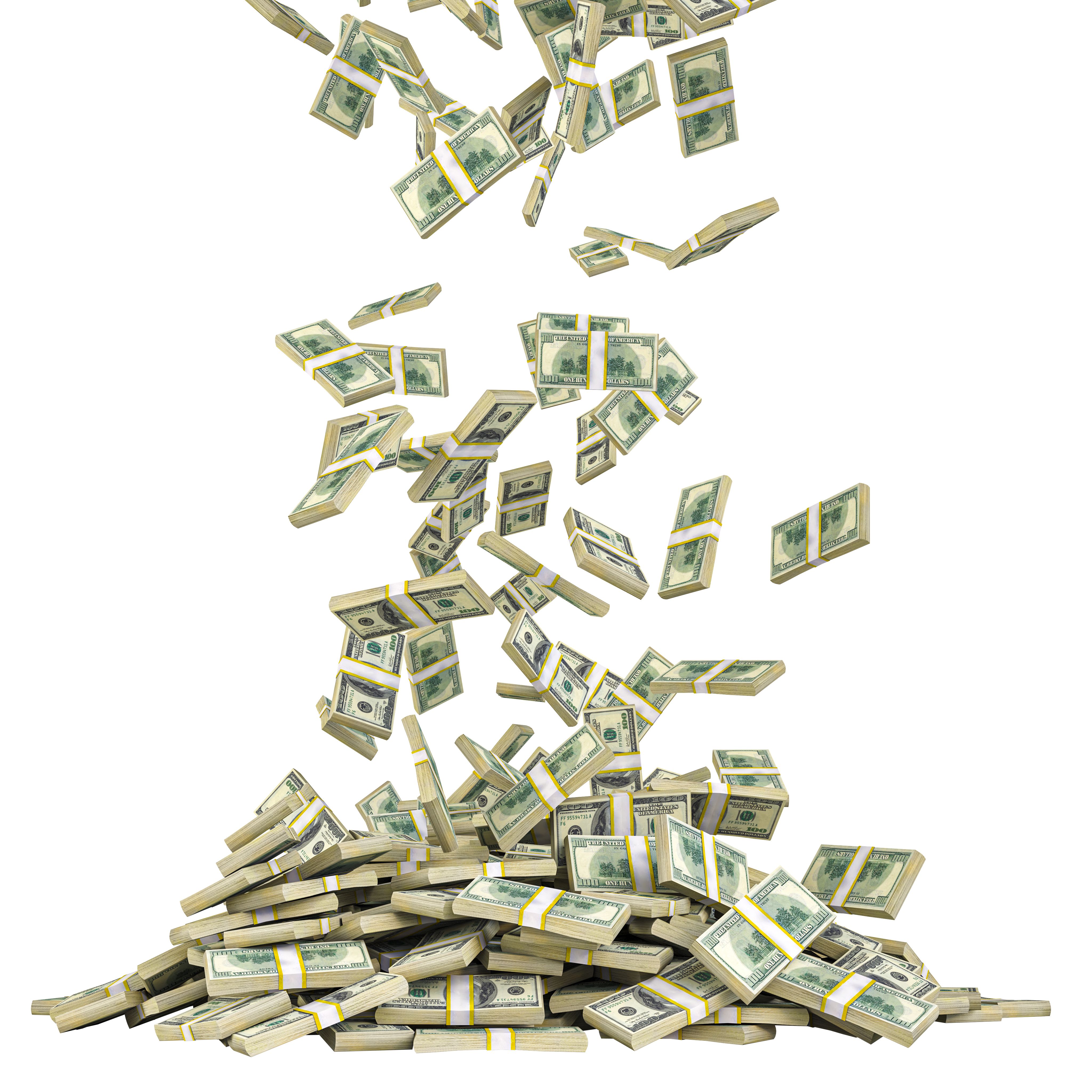 hundred dollar bills falling on transparent background 3d