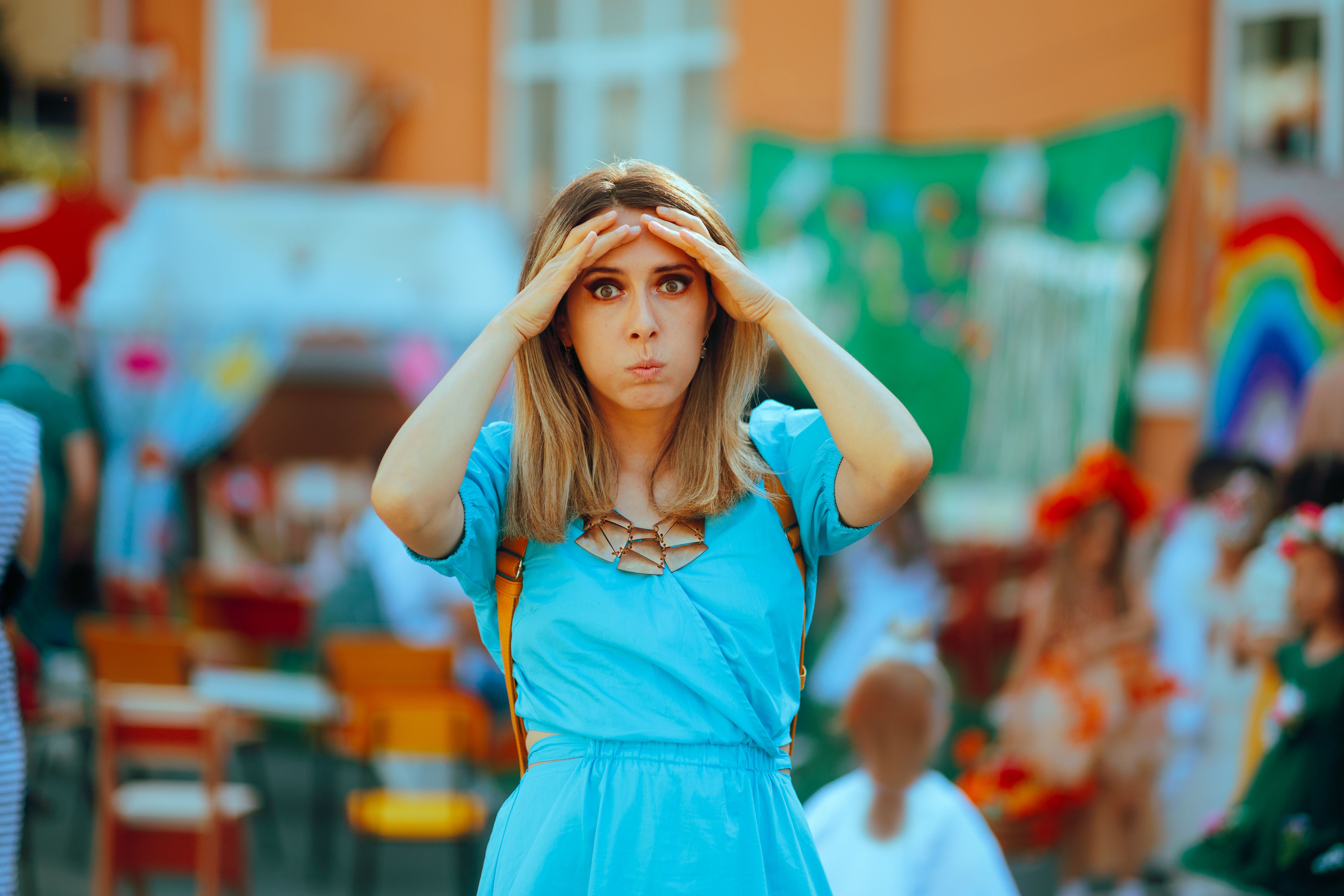 Stressed Mom at a Kindergarten Celebration Feeling Overwhelmed