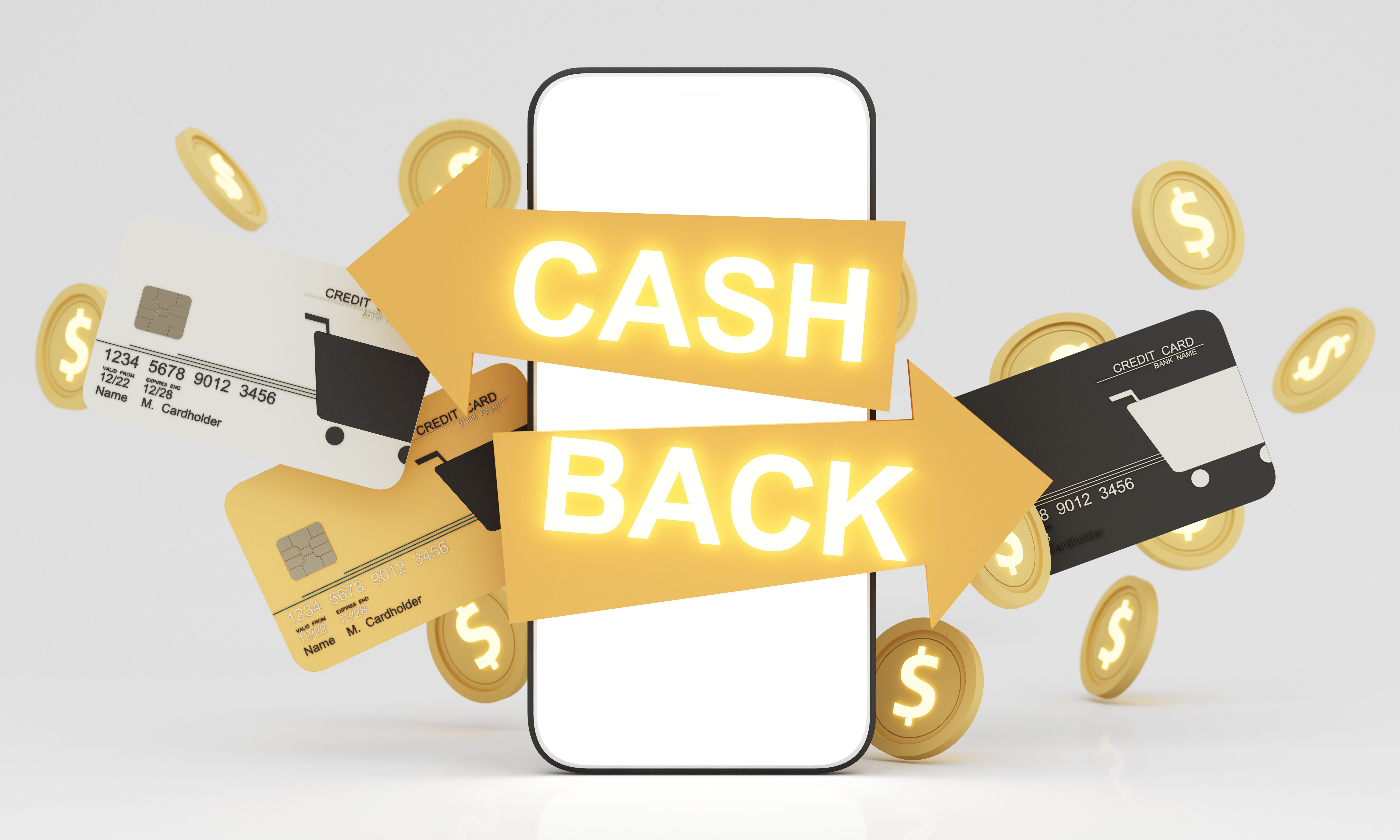 A smartphone displaying glowing Cash Back arrows, surrounded by credit cards and golden coins. This scene symbolizes smart spending, financial savings, and reward benefits. 3d rendering.