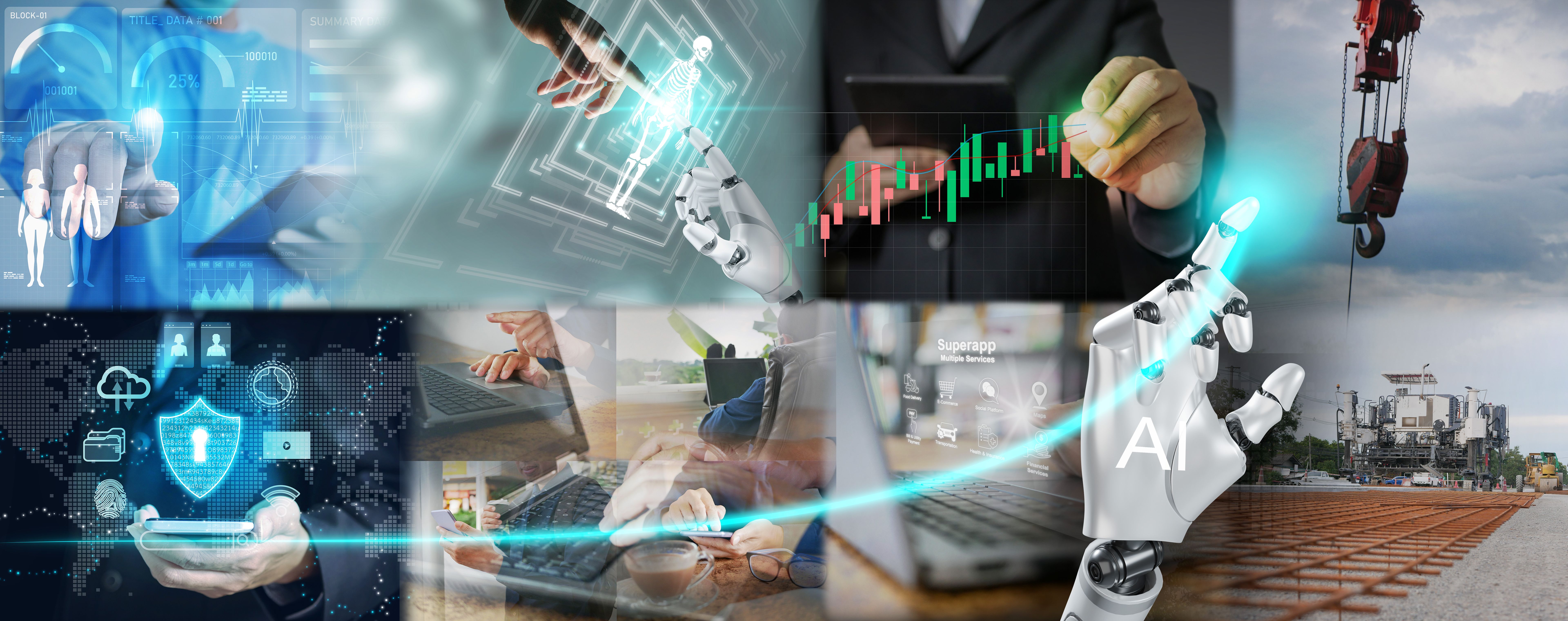 AI changes or transforms our world concept. Benefits and advantages of Artificial Intelligence. Robotic hand draws a line showing an increase or improvement in many aspects in our lives.