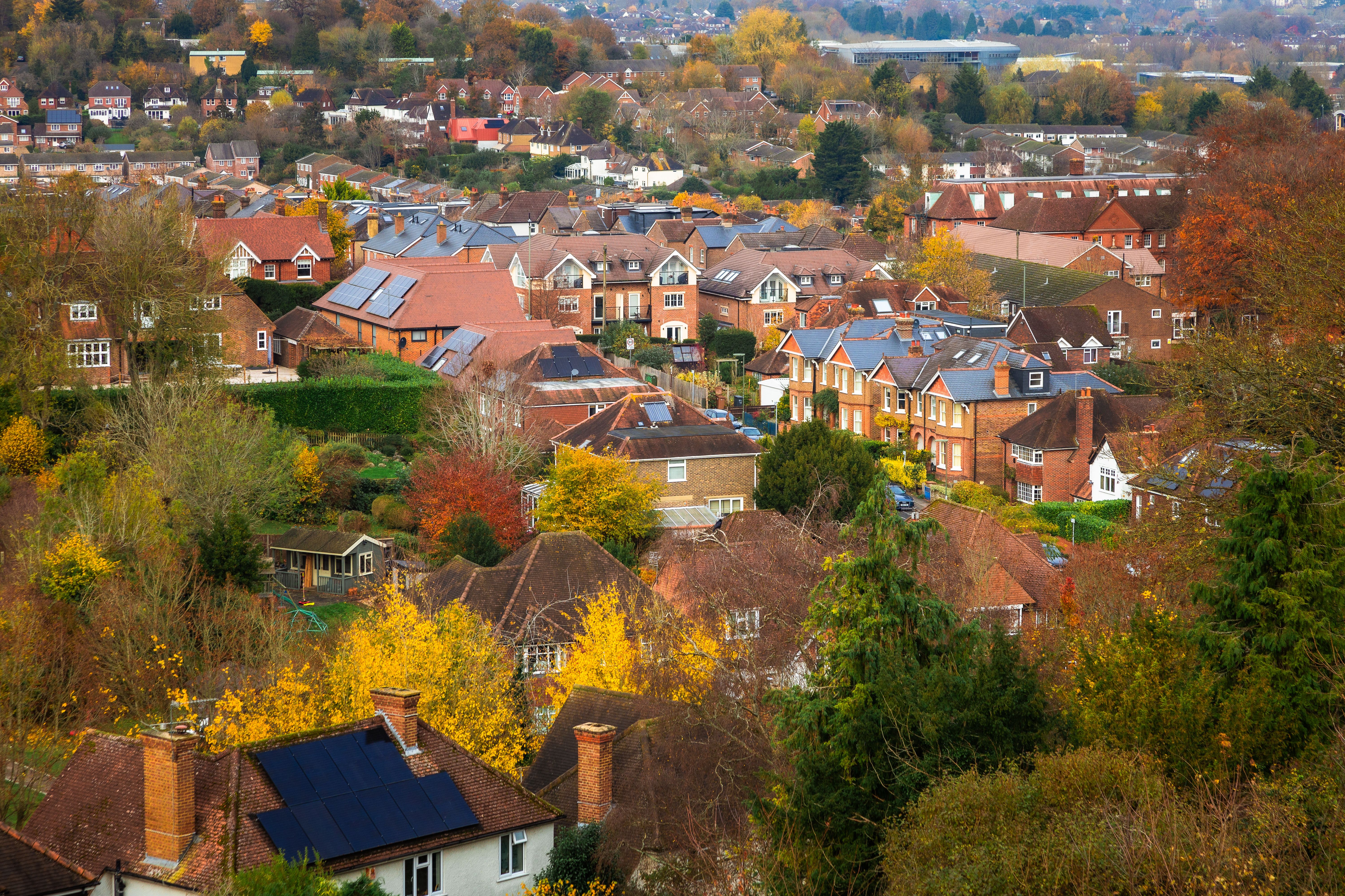 Elevated view of detached houses in residential area of Guildford, UK