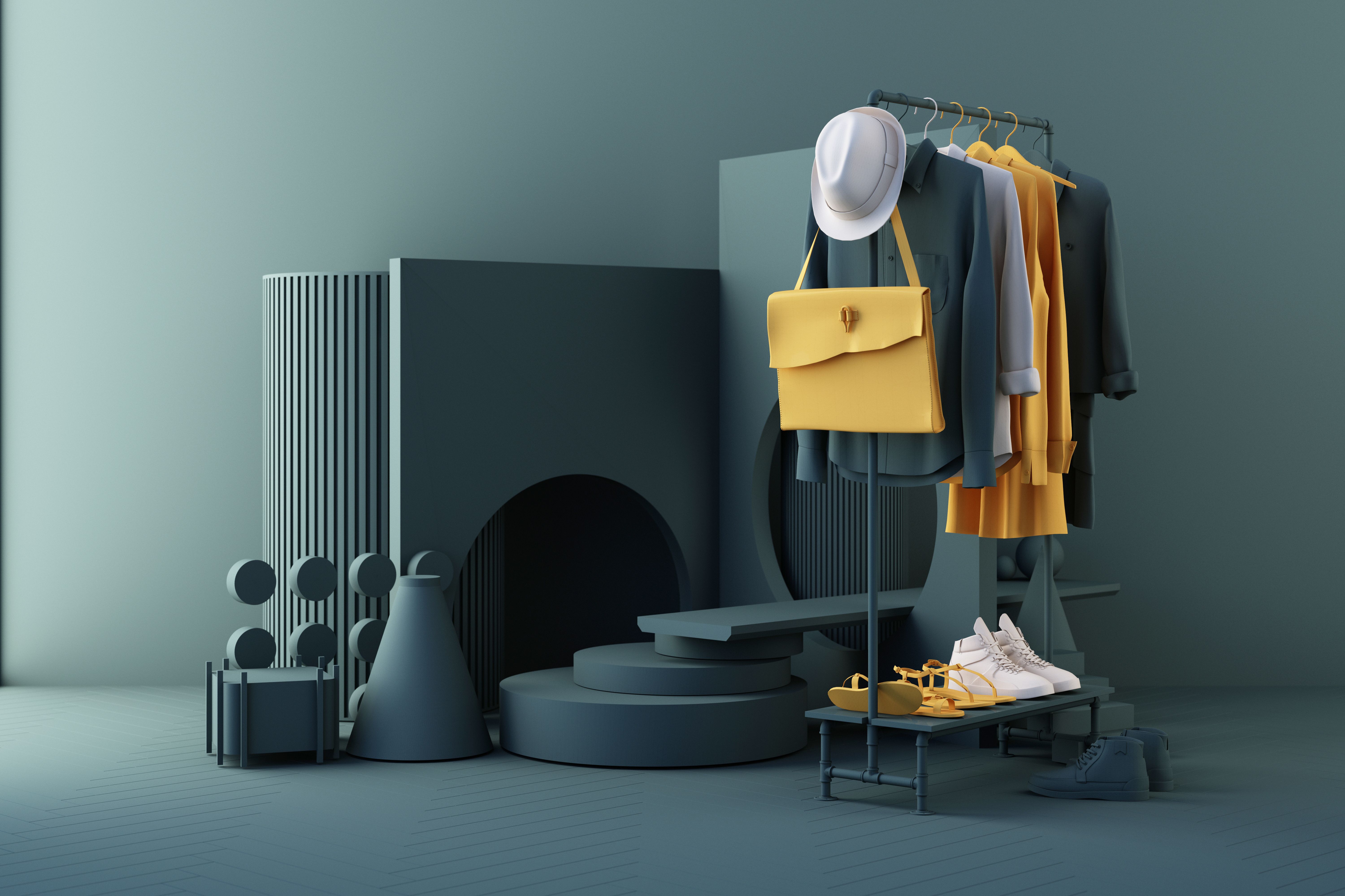 Clothes a hanger surrounding by bag and market prop with geometric shape on the floor in yellow and green color. 3d rendering