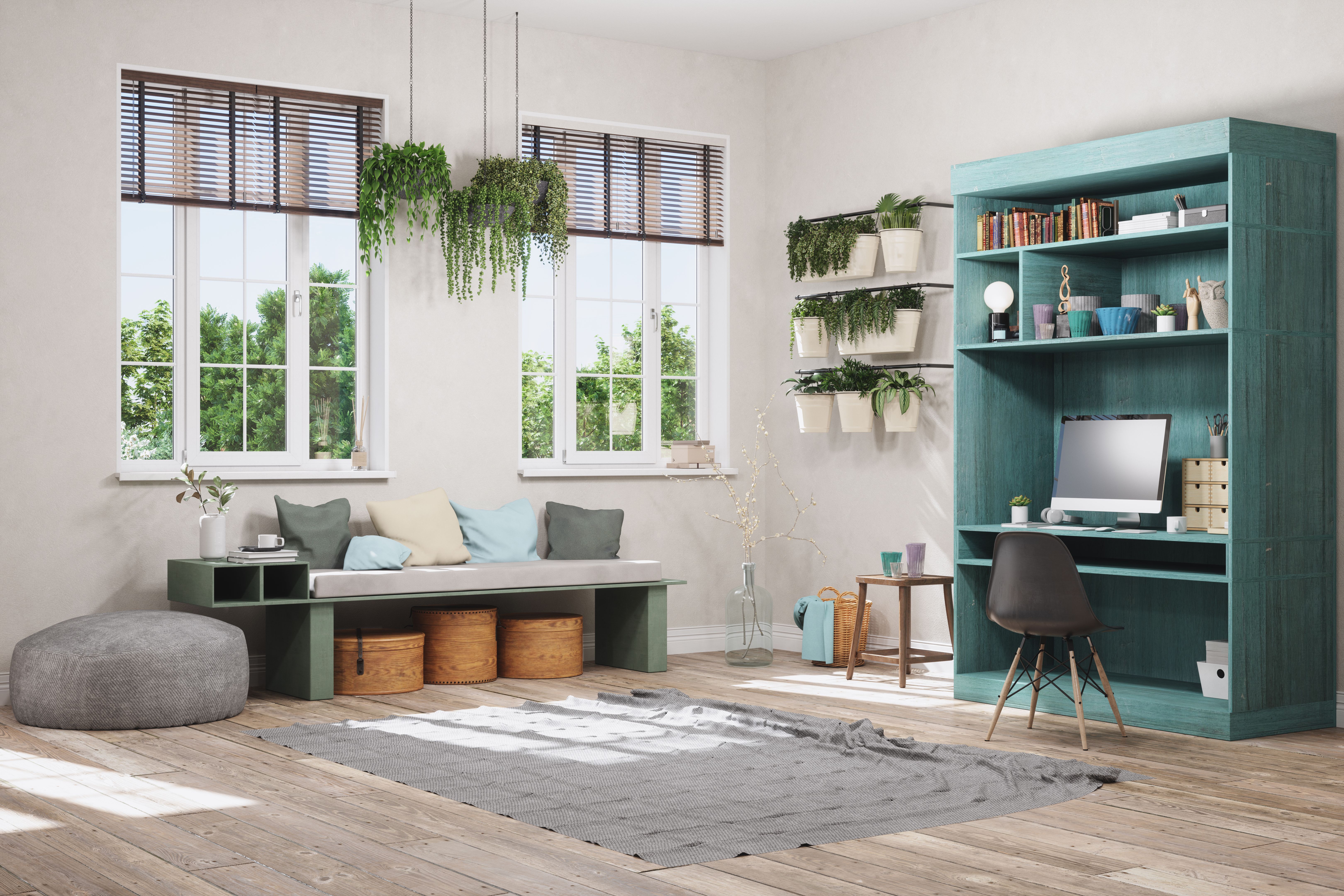 Home Office Interior With A Wooden Table And Blank Screen Monitor
Home Office Interior With Study Desk,Chair, Sofa And Plants. Working At Home.