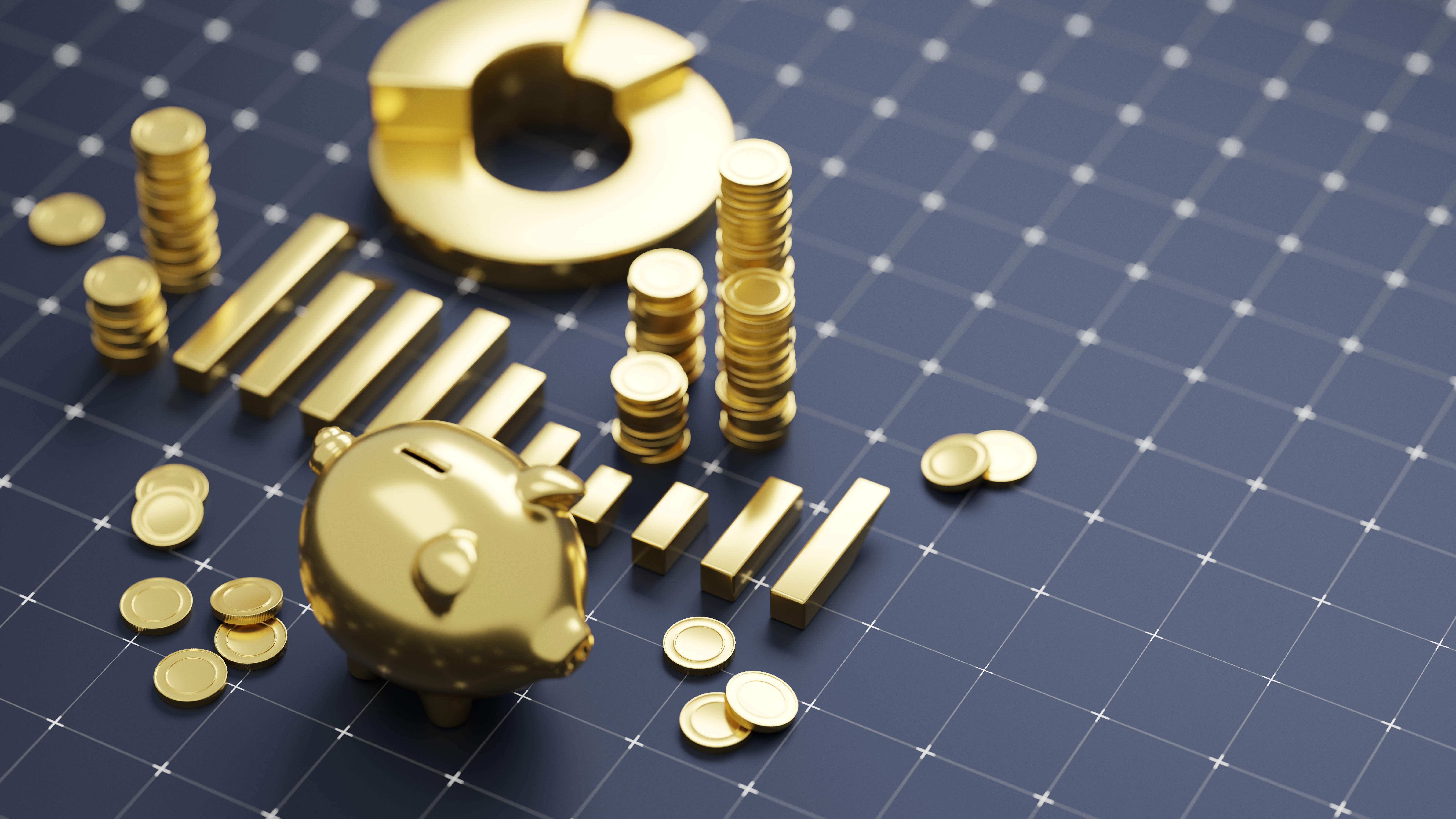 Savings strategy and cost reduction concept. Golden financial 3d symbols and piggy bank on dark background with a grid pattern Savings strategy and cost reduction concept. Golden financial 3d symbols and piggy bank on dark background with a grid pattern