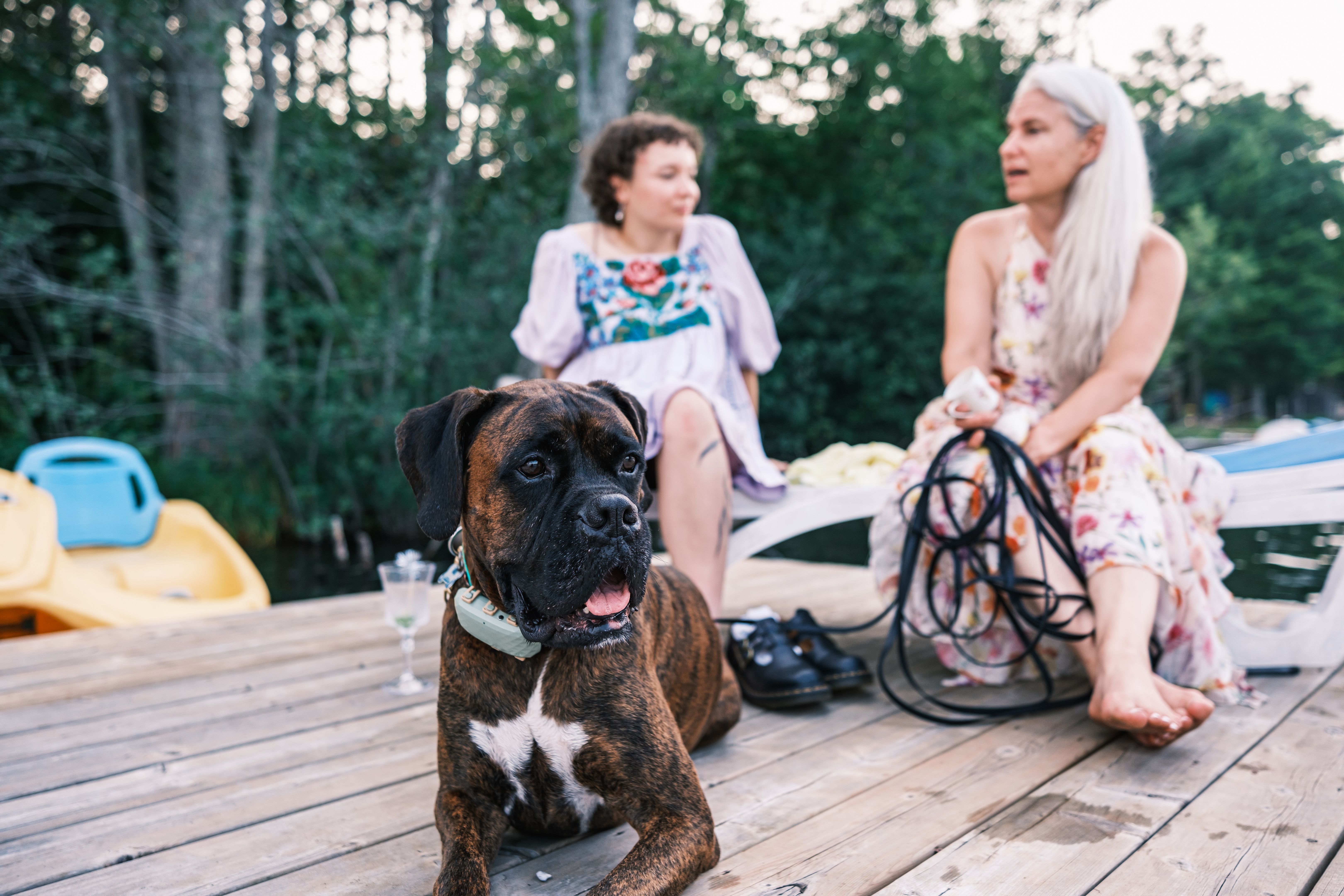 Two women and  boxer dog at the lake water's edge