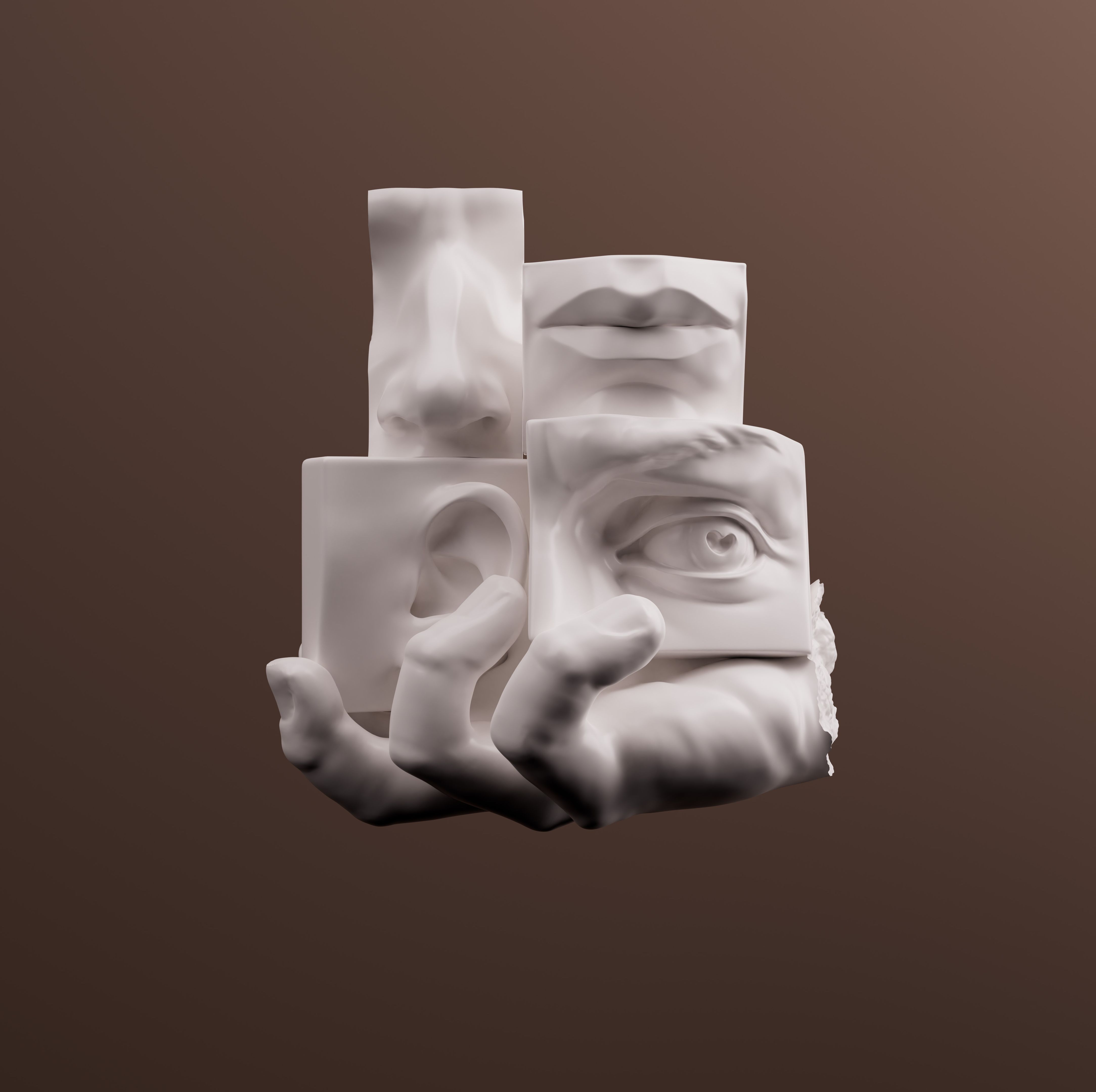 Five human senses concept: smell, touch, sight, taste, hearing. 3d rendering parts of face sense organs and hand of white sculpture