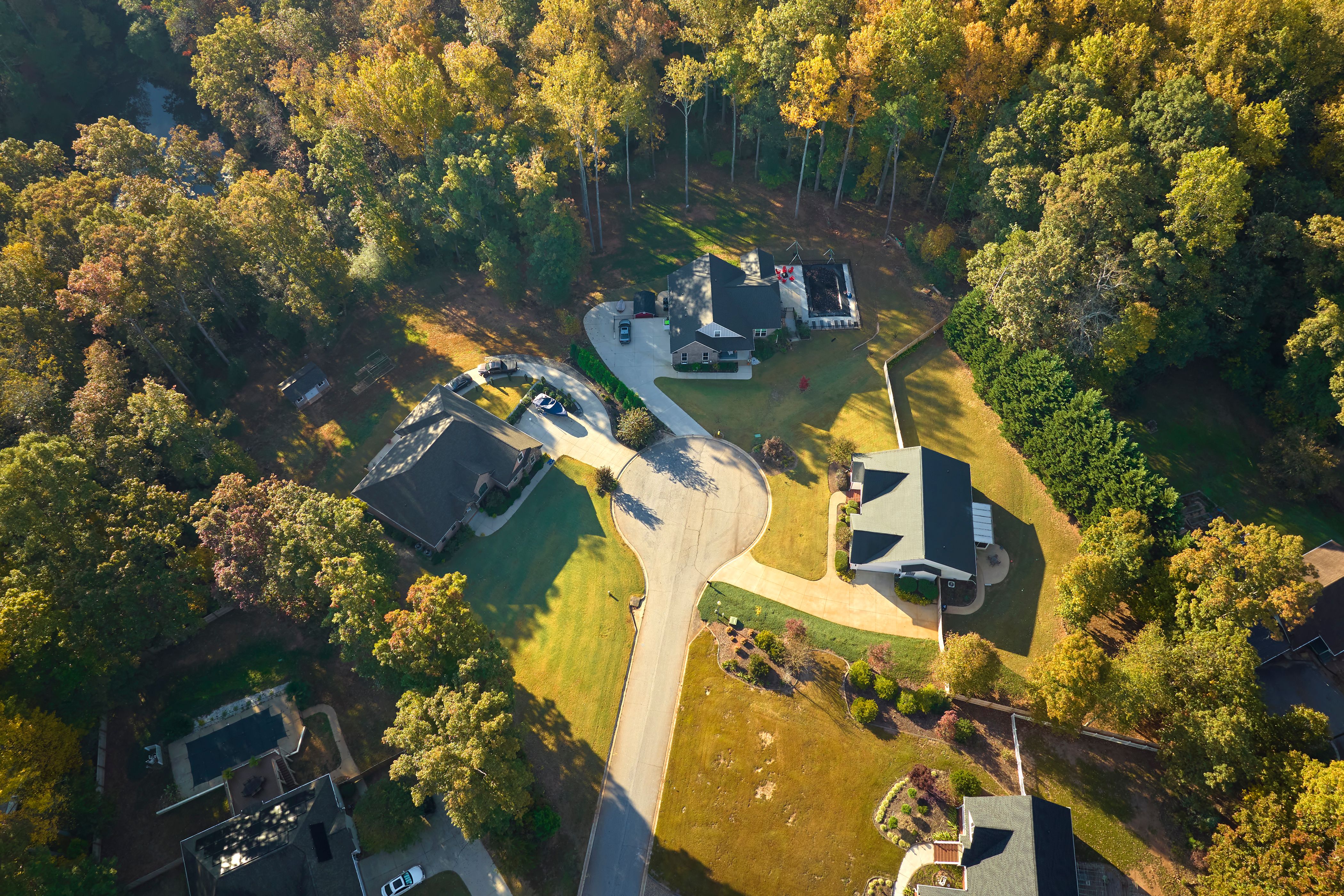 Aerial view of classical american homes in South Carolina residential area. New family houses as example of real estate development in USA suburbs