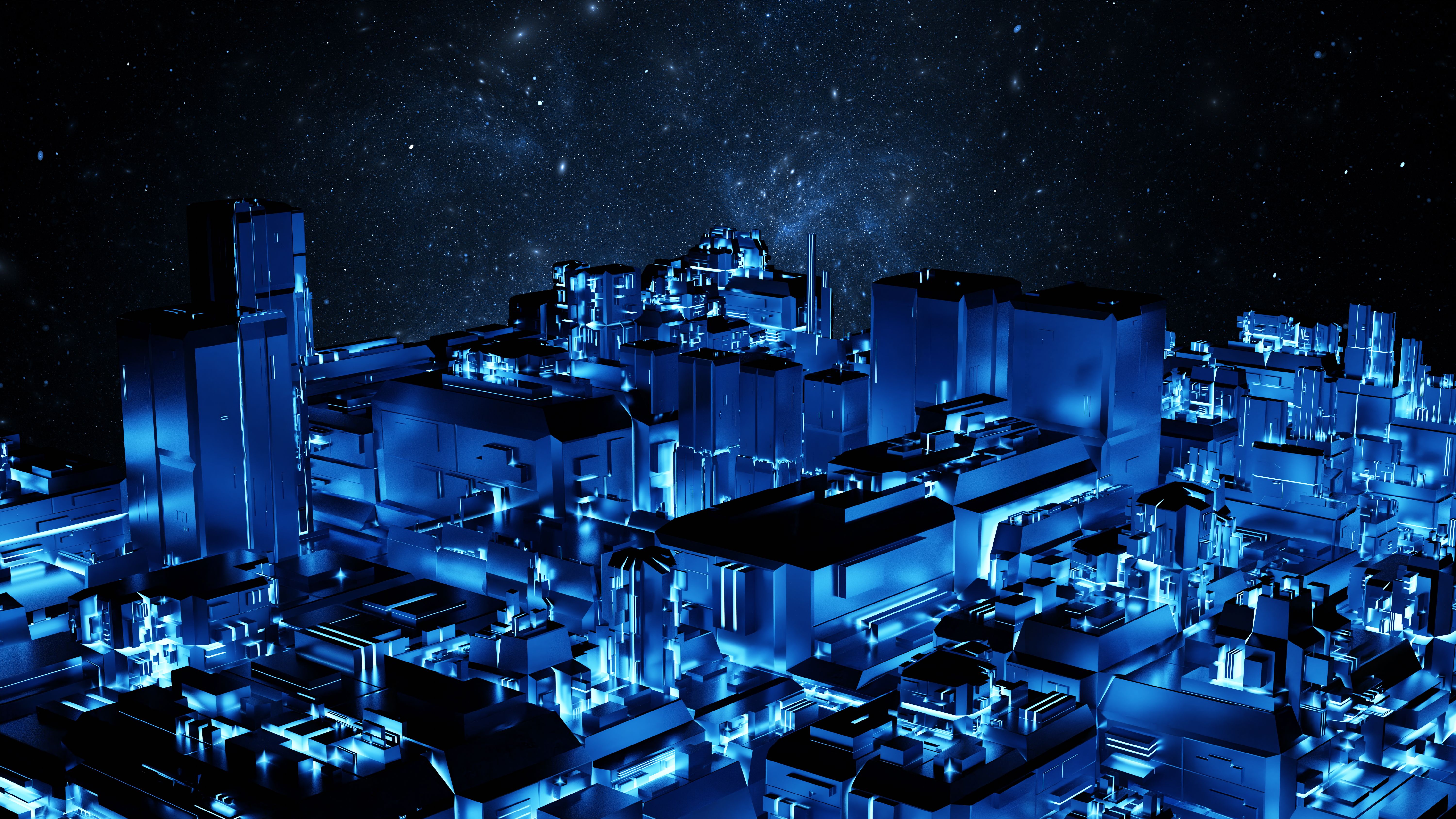 Futuristic cityscape bathed in neon blue lights under a starry night sky. 3d render