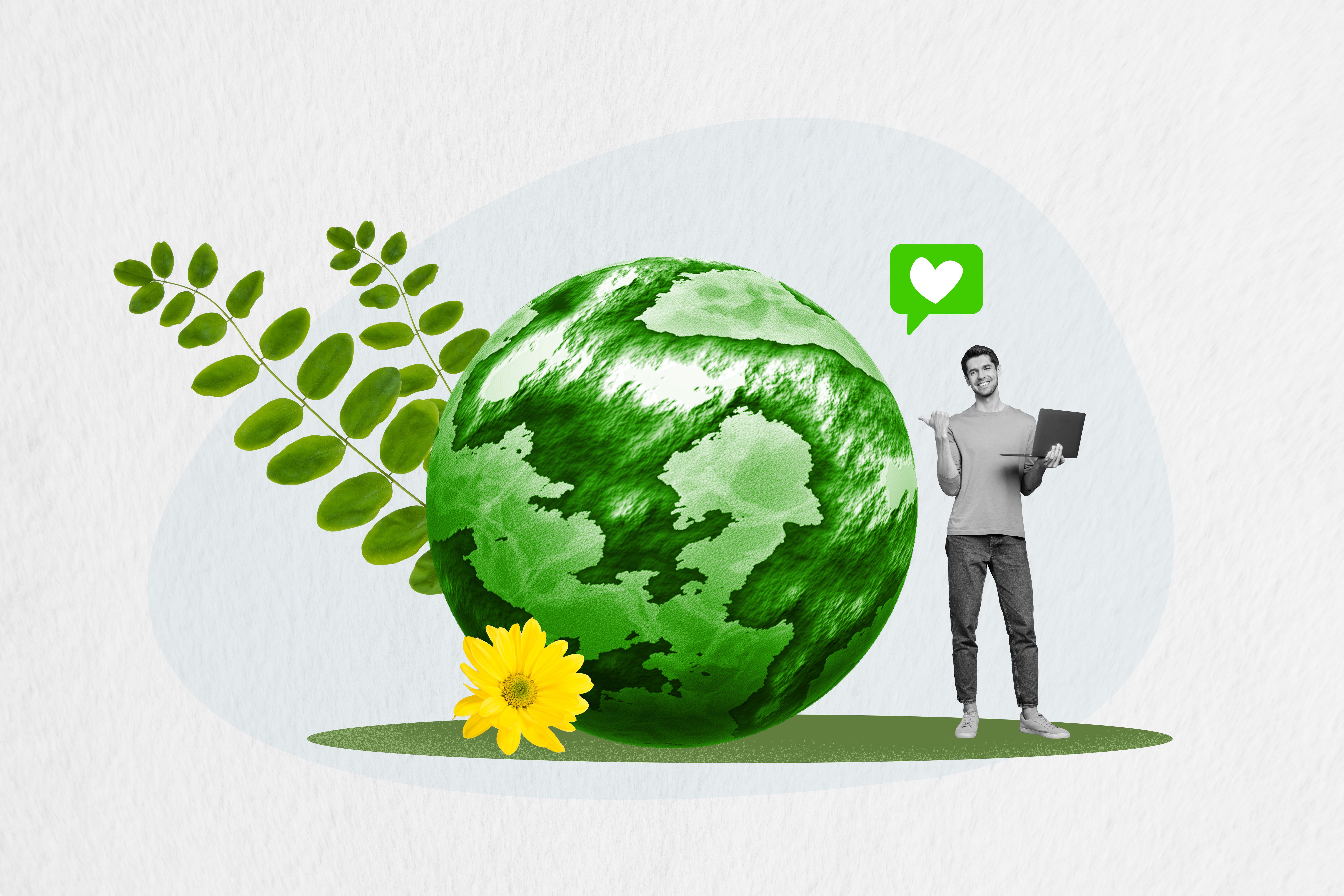 3d retro abstract creative artwork template collage of young man investor point green earth planet freak bizarre unusual fantasy billboard