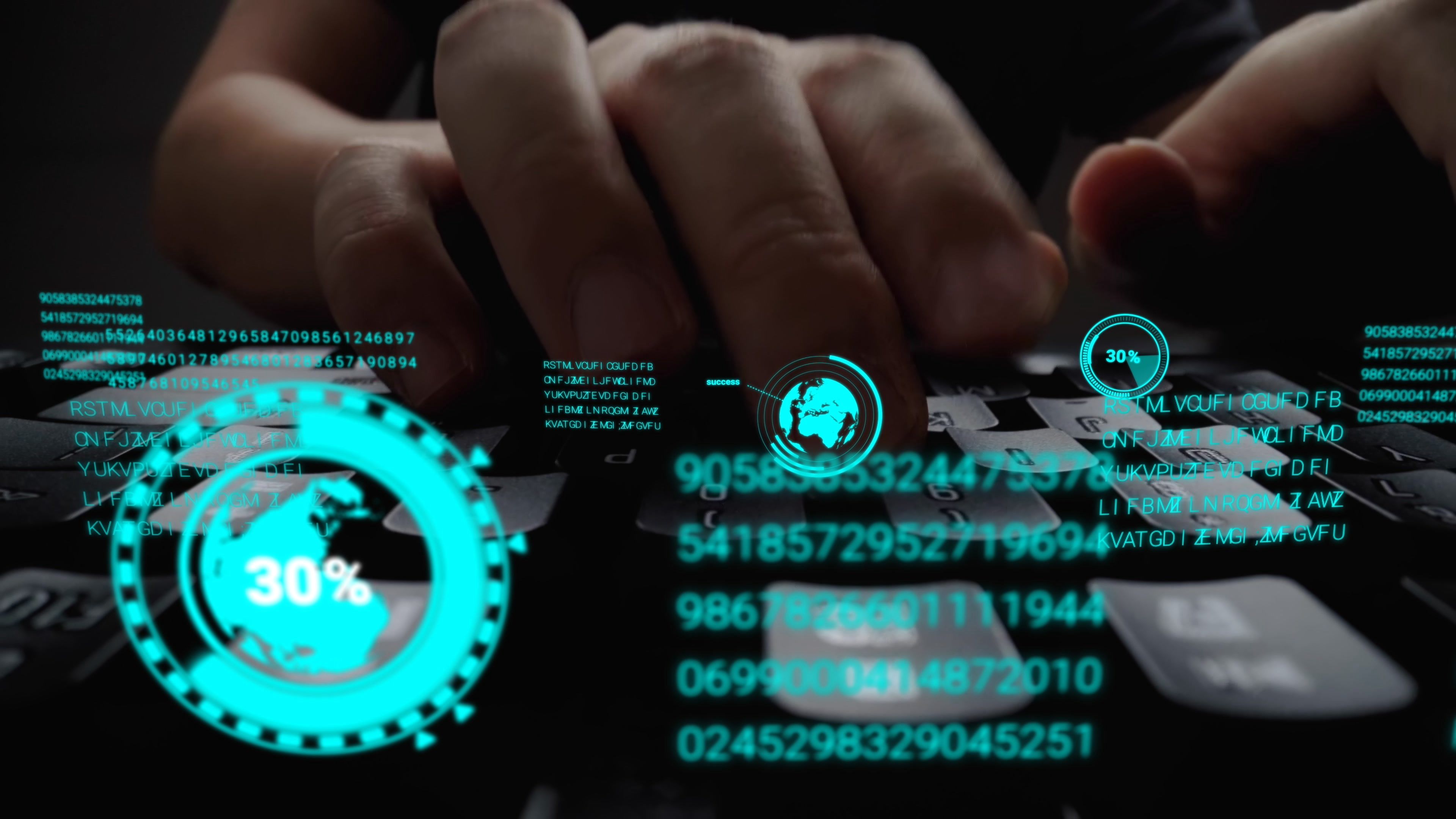 Homem trabalhando no teclado do computador portátil com holograma de interface de usuário gráfico GUI