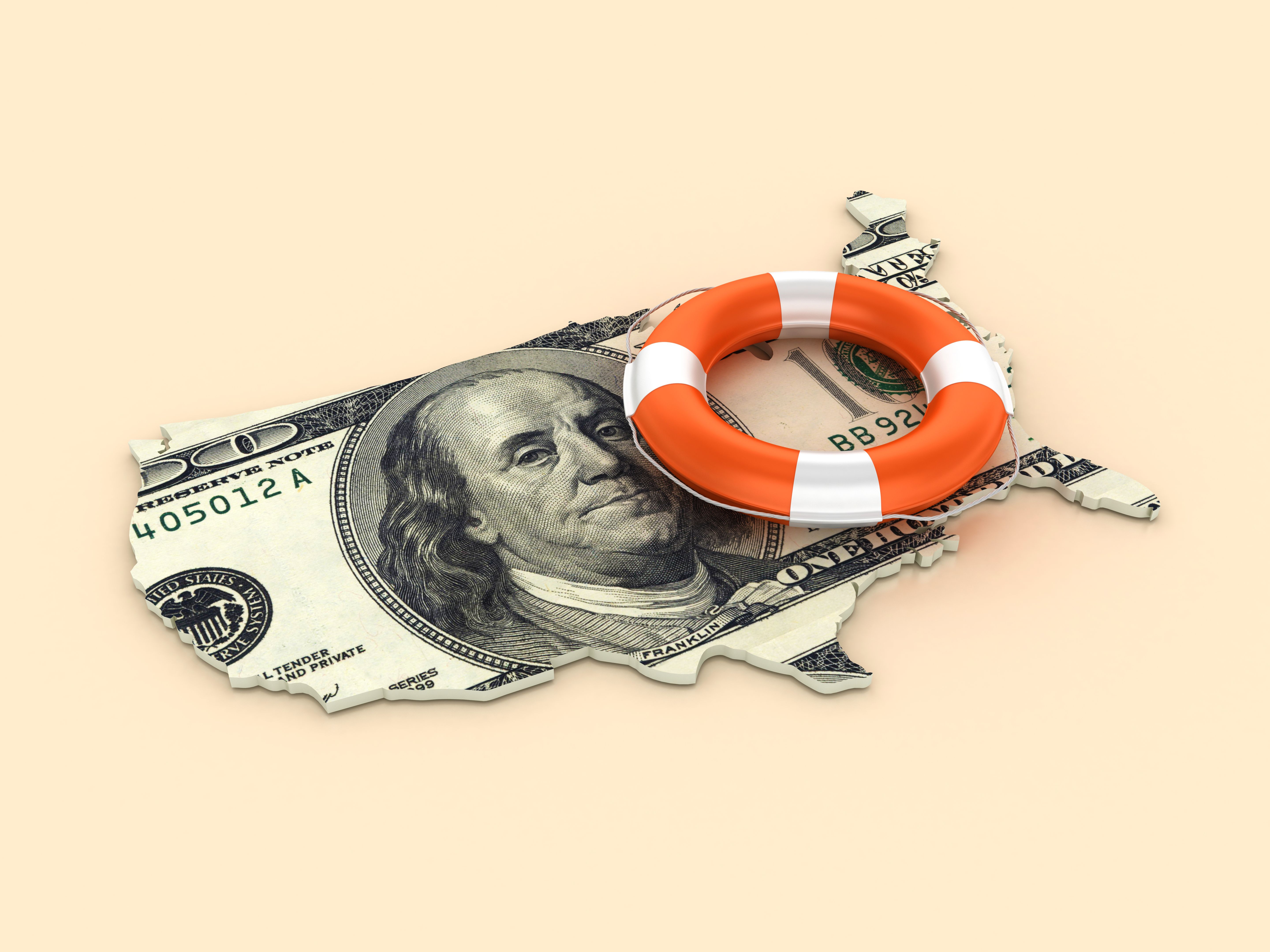 Life Belt on USA Country with Dollar Bill