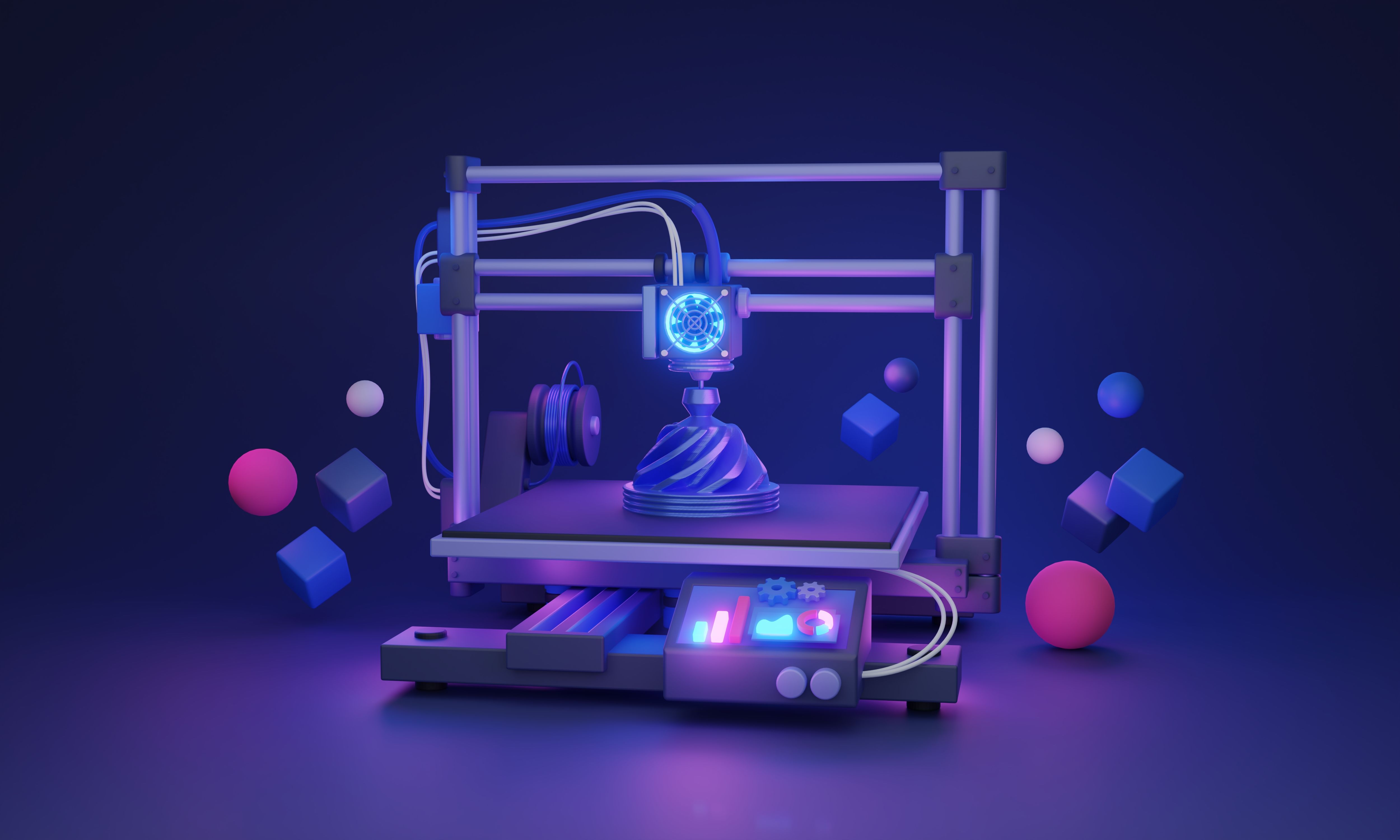3D printing technology and polymer prototype printing 3D illustration concept