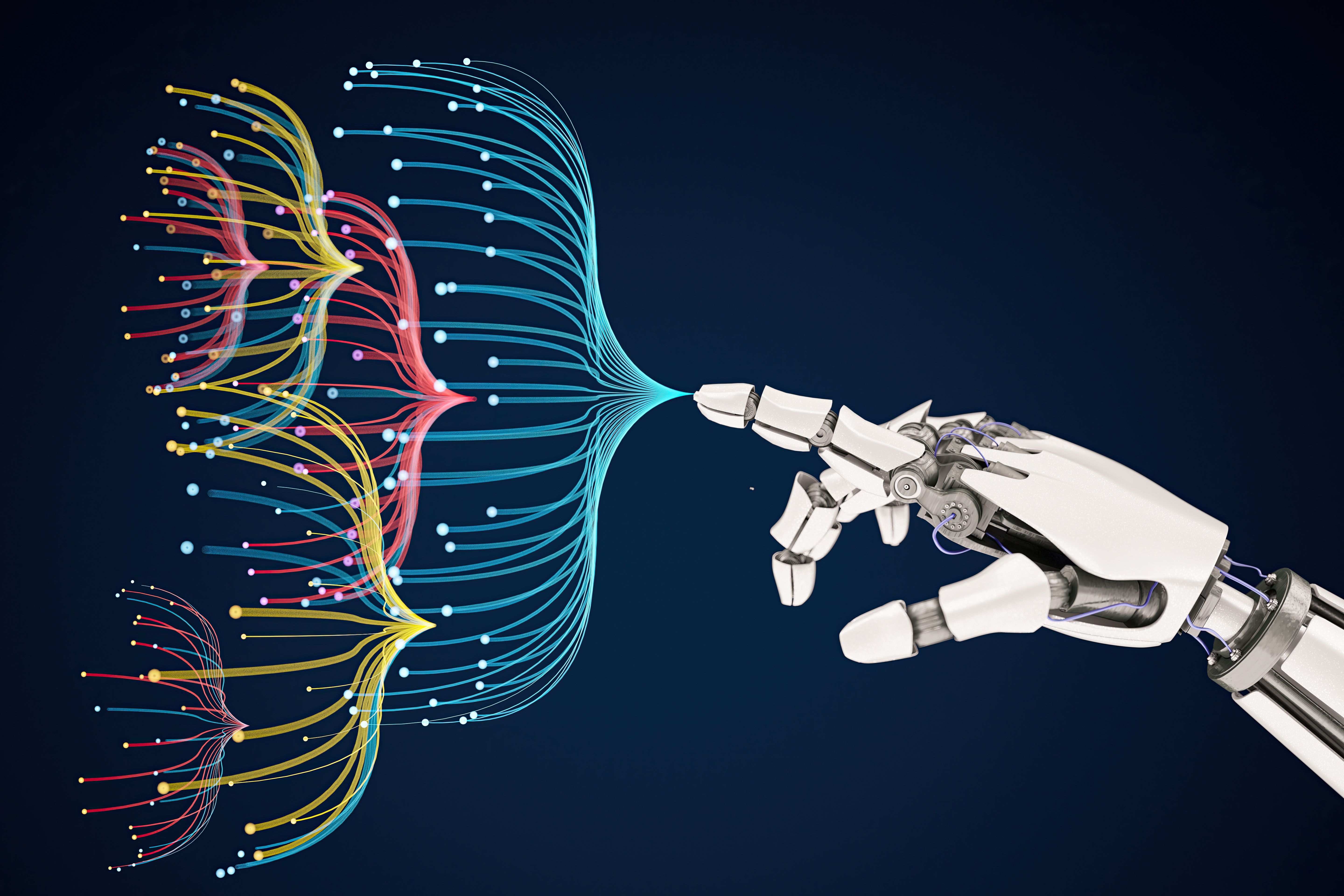 AI Artificial Intelligence Robot's Hand Touching Colorful Hierarchy Nodes AI Artificial Intelligence Robot's Hand Touching Colorful Hierarchy Nodes