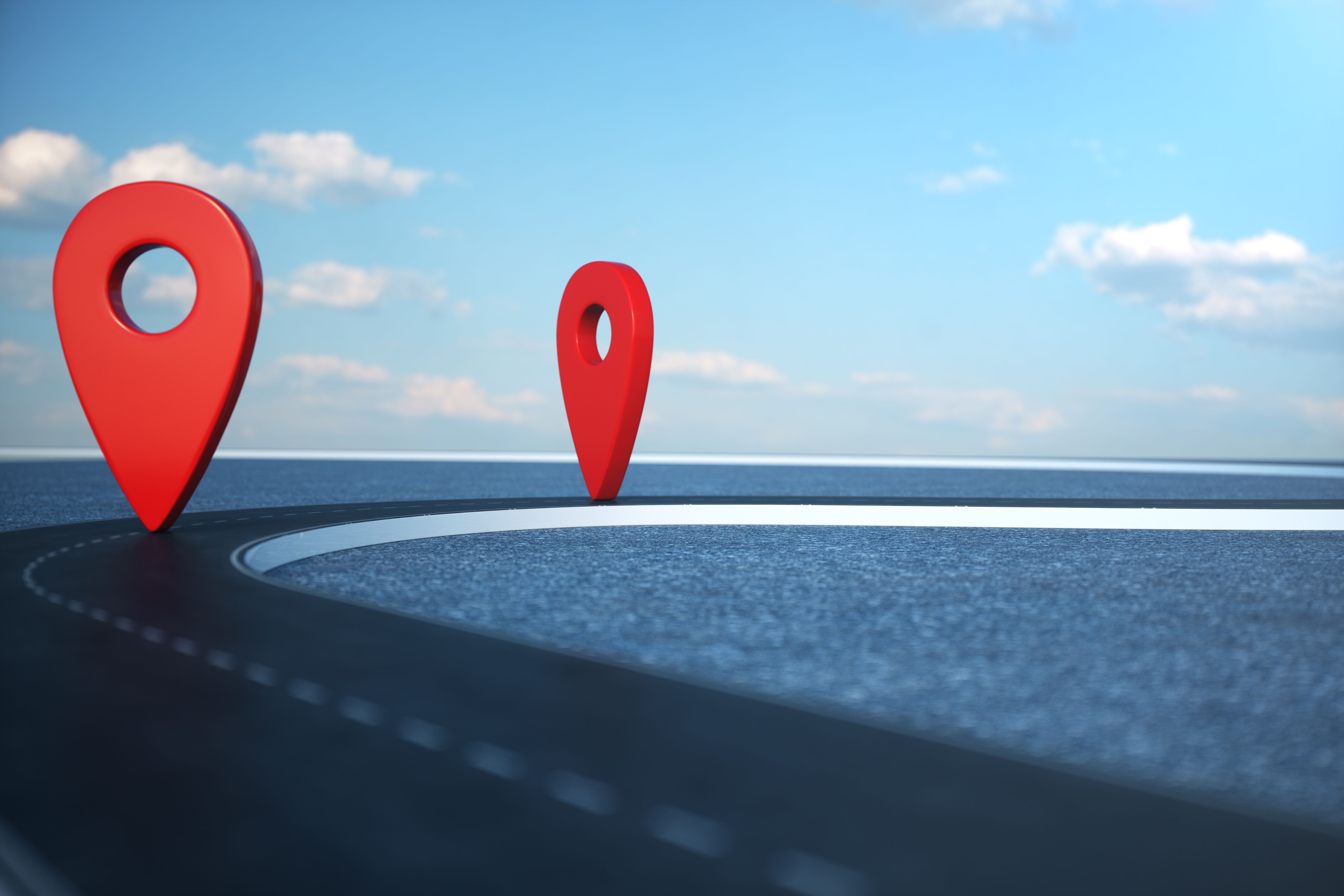 Road way location Infographic with pin pointers. Road way with red pointers. Road way on cloudy blue sky background. 3D illustration