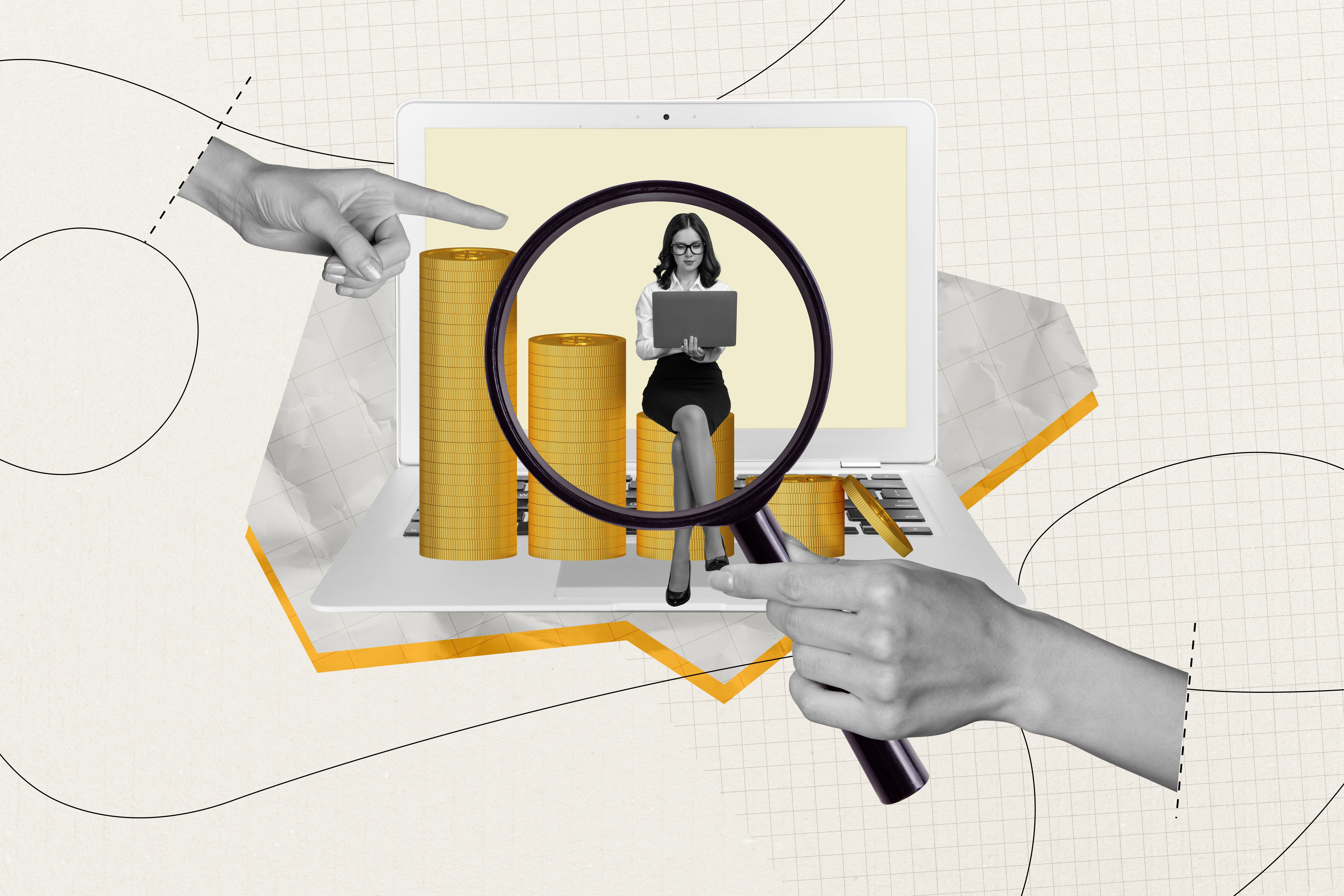 Composite photo collage of happy businesswoman type macbook earn money coin freelance concept loupe zoom isolated on painted background