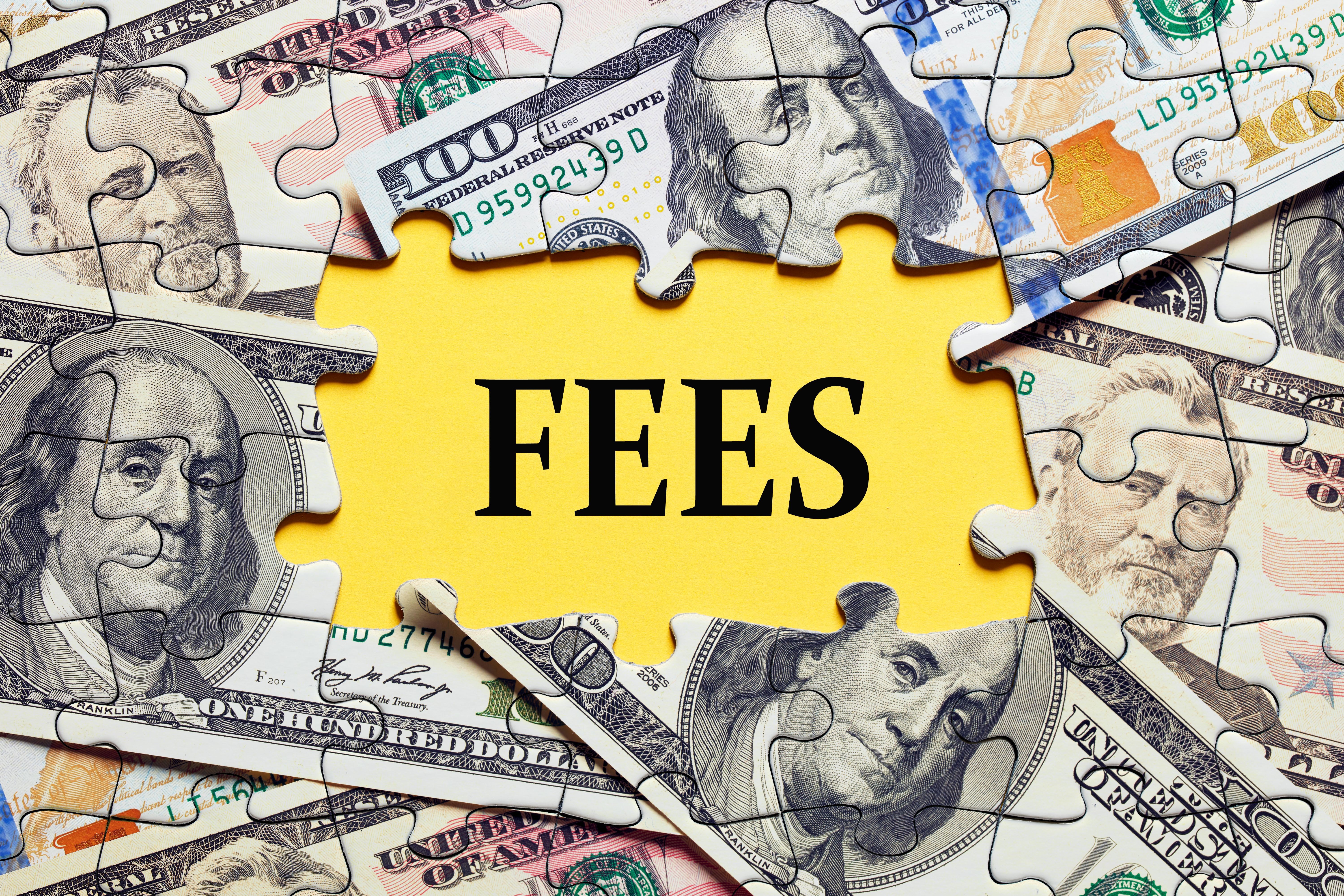 The word fees surrounded by puzzle pieces with dollar bill money