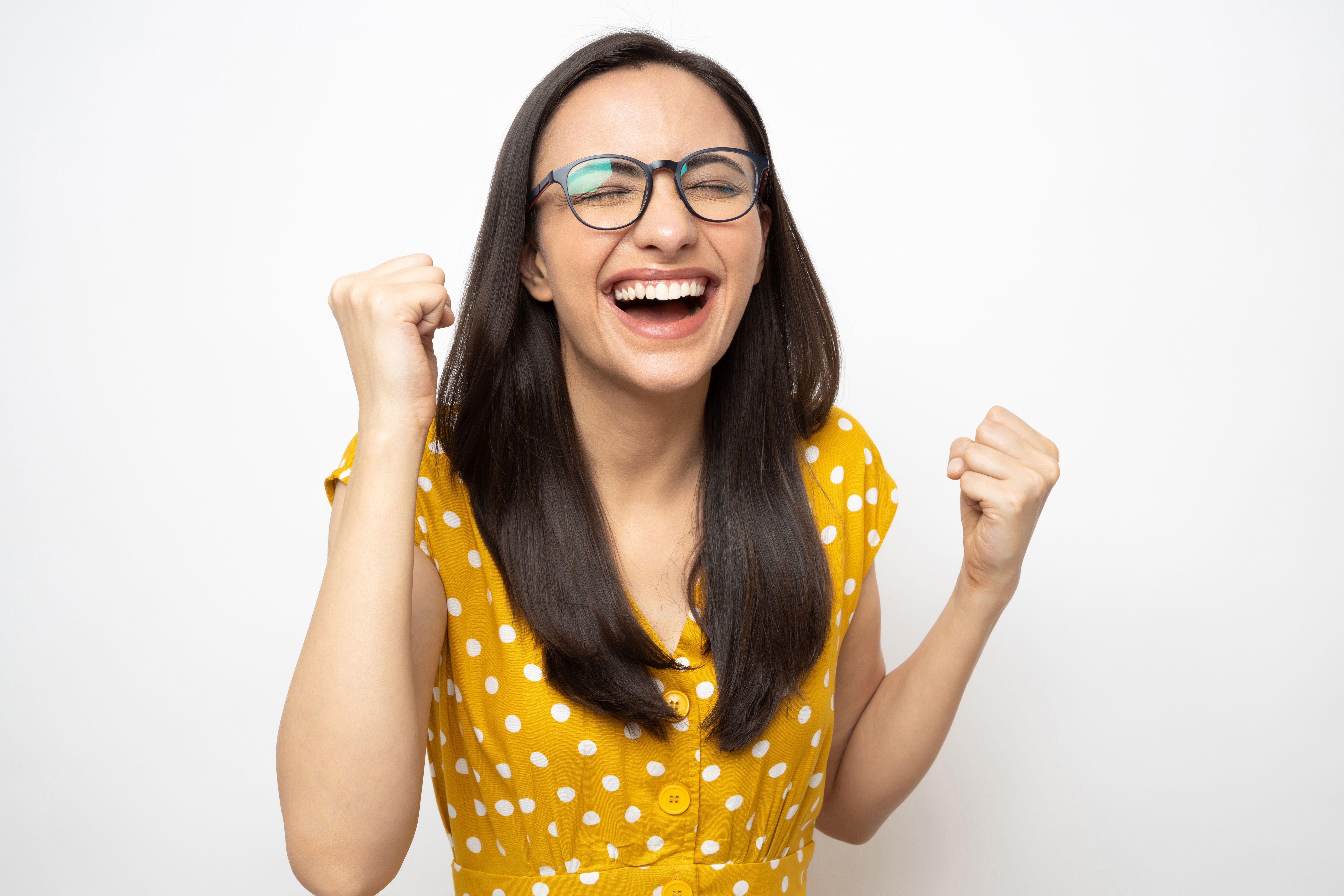 Pretty lady wear white dotted dress isolated on white background stock photo Pretty lady wear white dotted dress isolated on white background stock photo