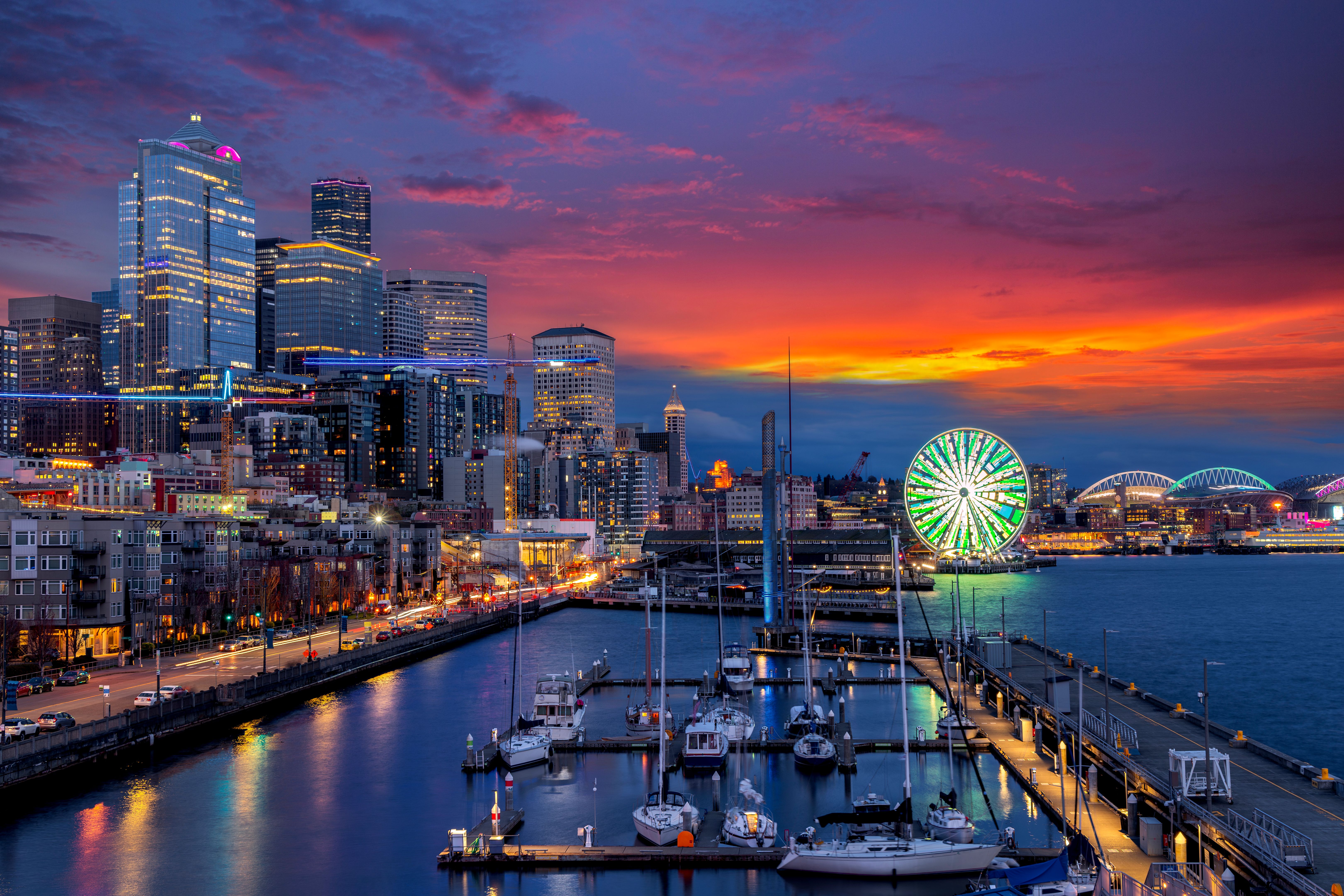 Beautiful view of Seattle waterfront and skyline at blue hour