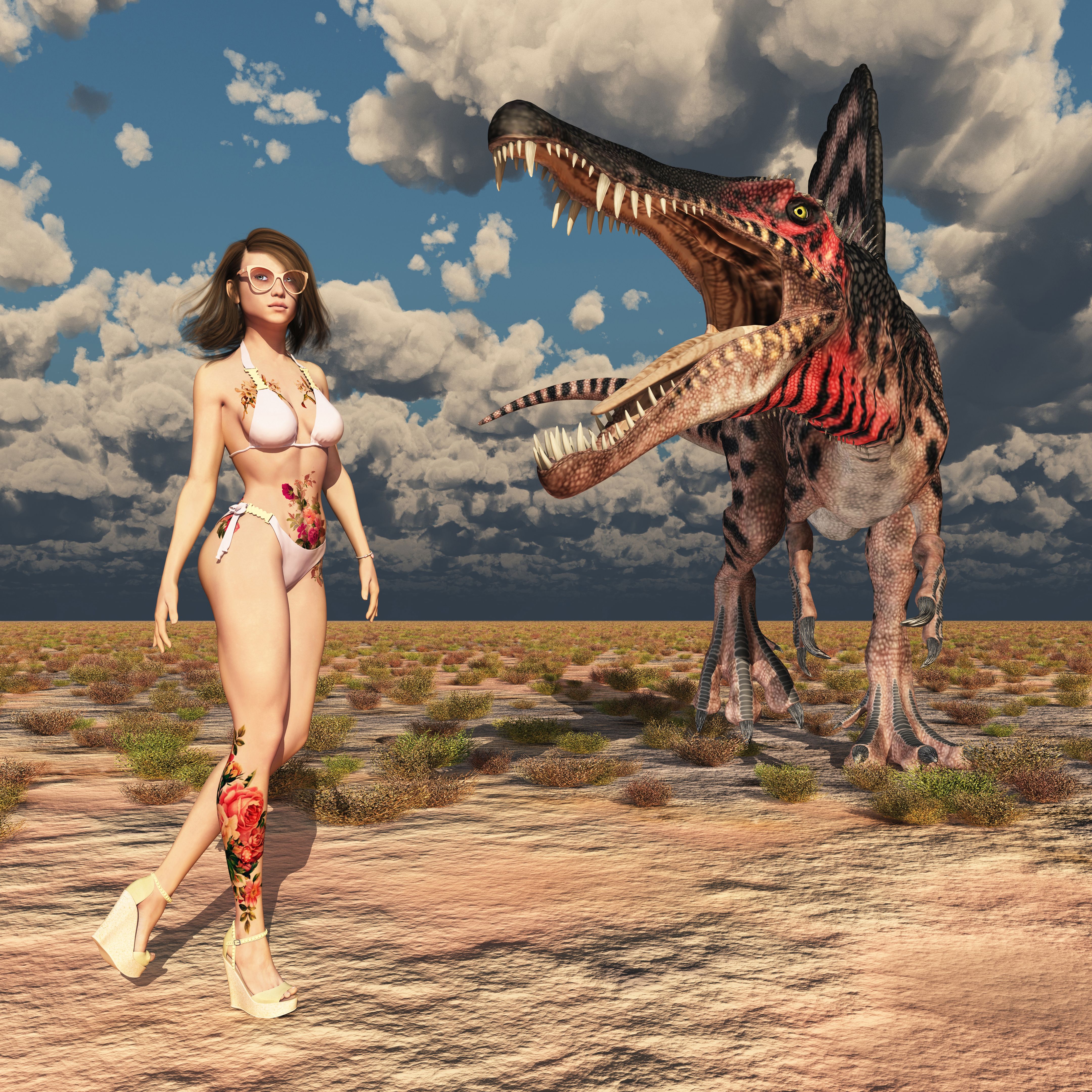 Attractive woman in bikini and dinosaur Spinosaurus