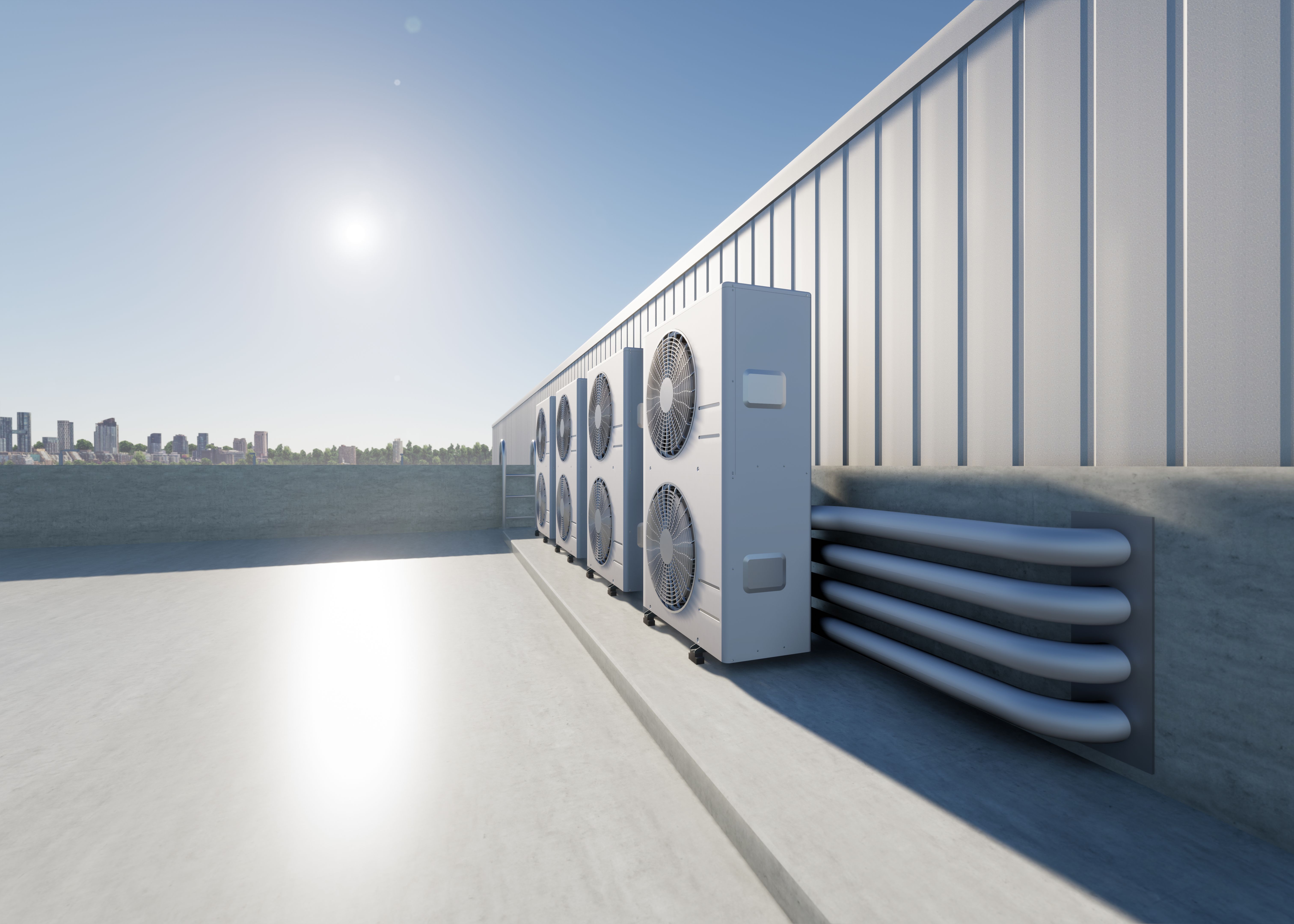 3d rendering of condenser unit or compressor on rooftop of industrial plant, factory. Unit of ac or air conditioner, hvac or heating ventilation and air conditioning system. Motor, pump and fan inside