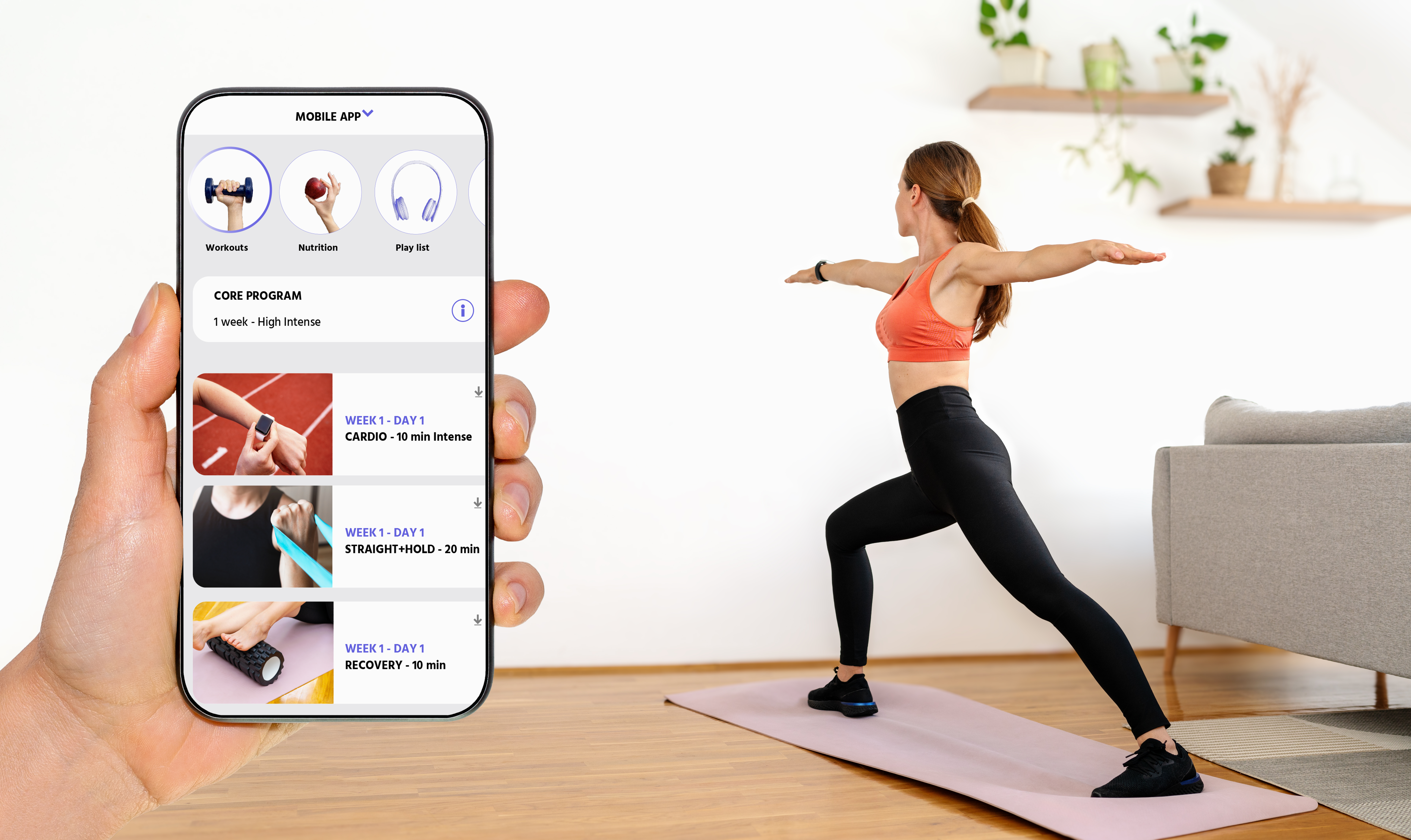 Home workout and yoga with sports mobile application. Fitness mobile app interface on display of phone on background of woman doing yoga at home.