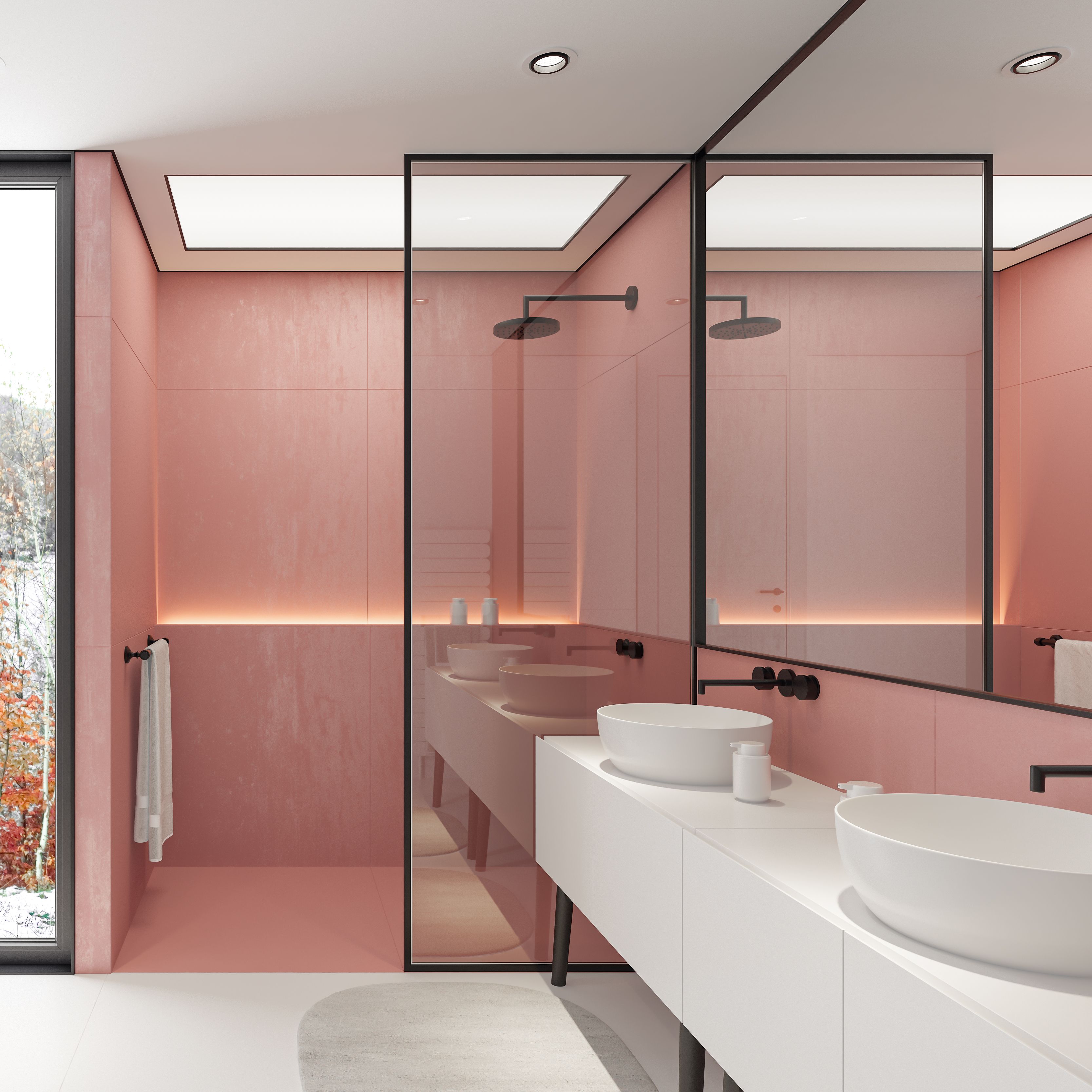Modern Bathroom Interior with Walk-In Shower and Pale Red Tiled Walls