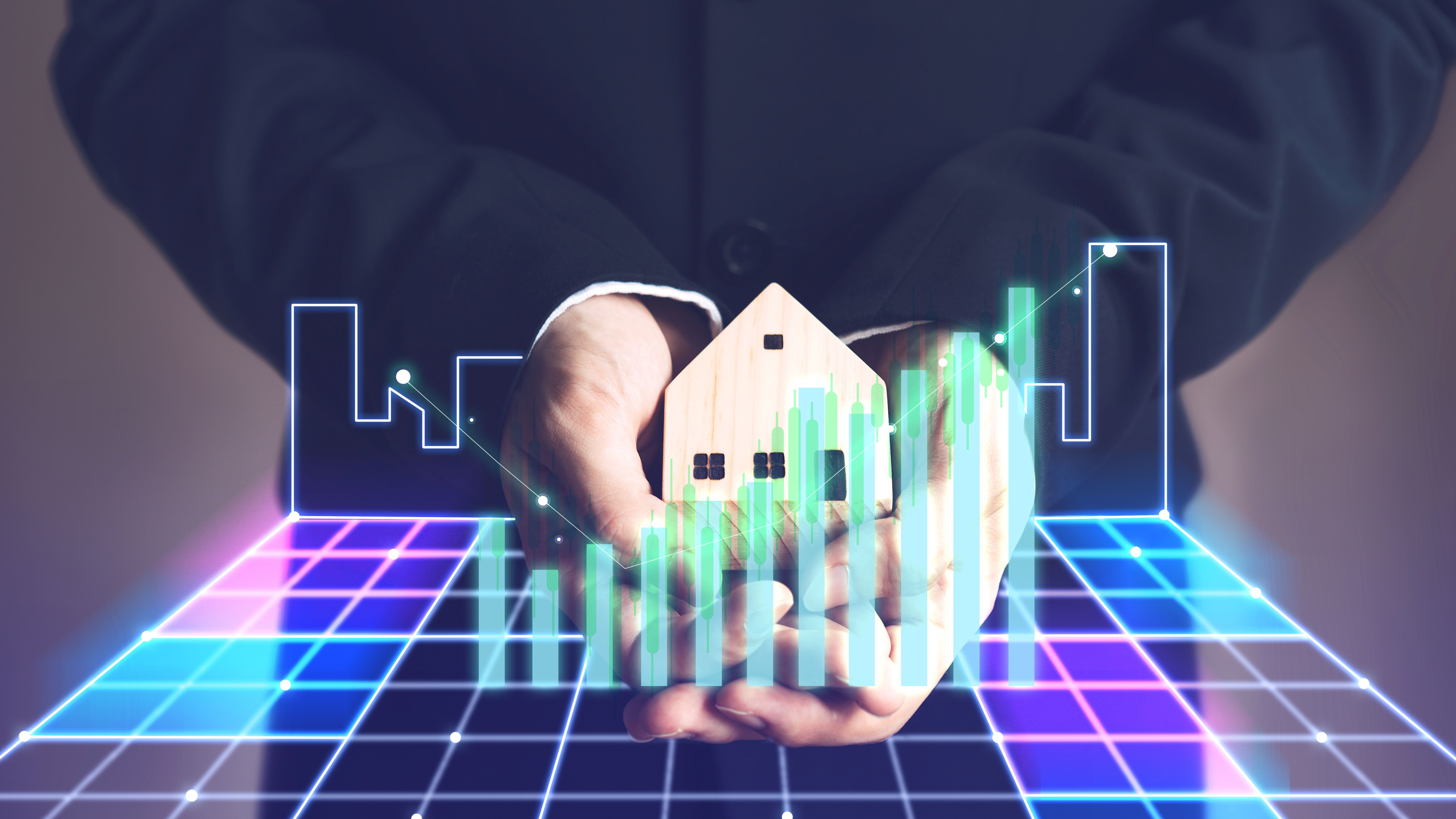 Business Real Estate Agent man holding home model with digital graph for investment in metaverse