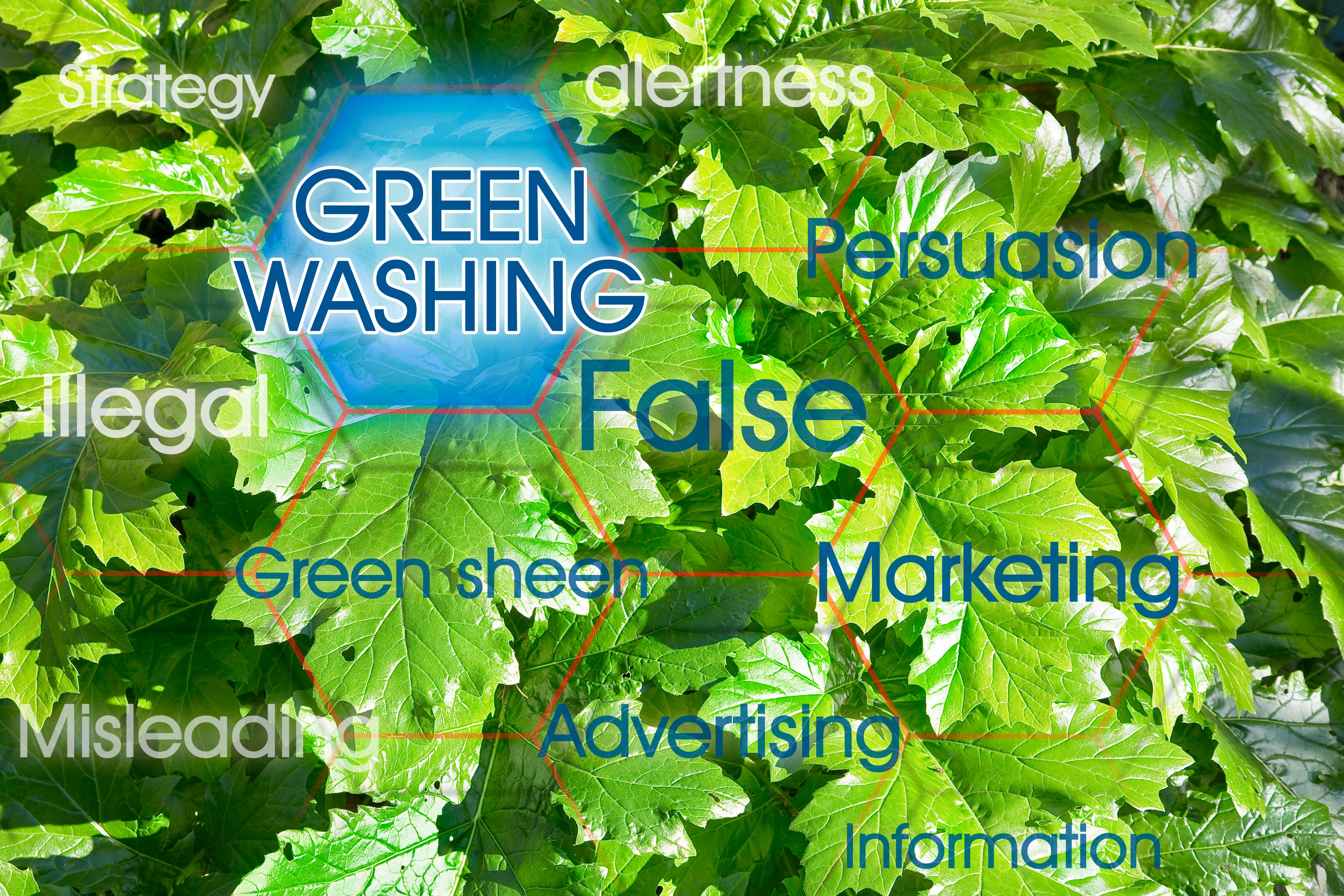 Greenwashing infographic concept with text against green foliage